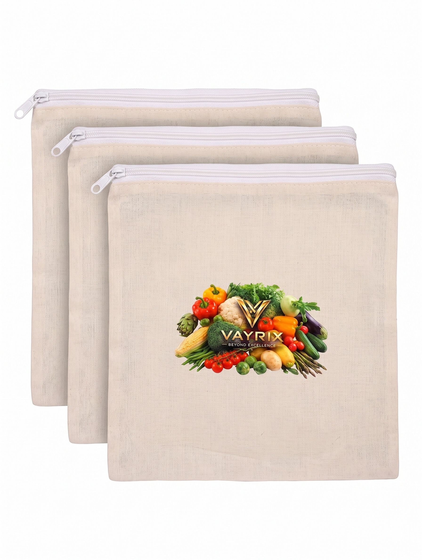 vayrix Pack of 3 | Cotton Fridge Vegetable Bag | Eco Zipper Storage Bag | 12X12 Inches Pack of 3 Grocery Bags-picture-19