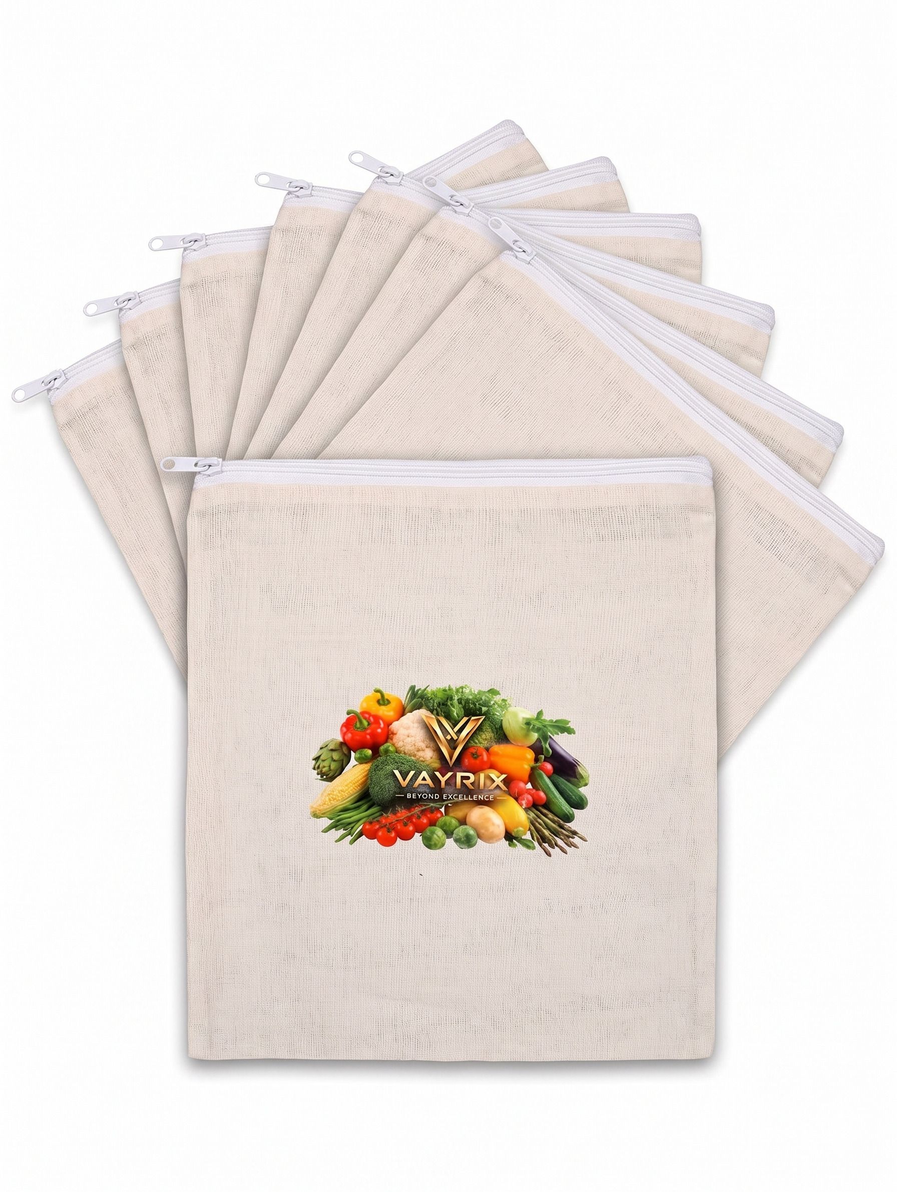 vayrix Cotton Fridge Bag With Zipper For Vegetable & Fruit Storage | 2 Pcs | Washable Pack of 7 Grocery Bags-picture-4