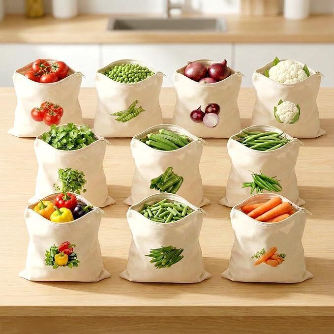 HOMEPLUS 100% Cotton Reusable Vegetable Bags for Fridge Pack of 10 Bags(Beige) Pack of 10 Grocery Bags-image-20