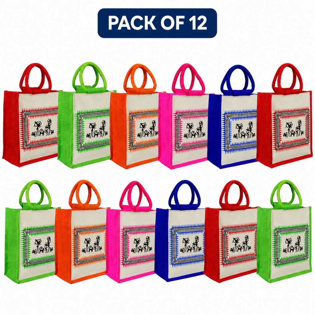 Eco Friendly Printed Jute Shopping Grocery Gift Bag with Traditional Art Pack of 12 Grocery Bags-image-40