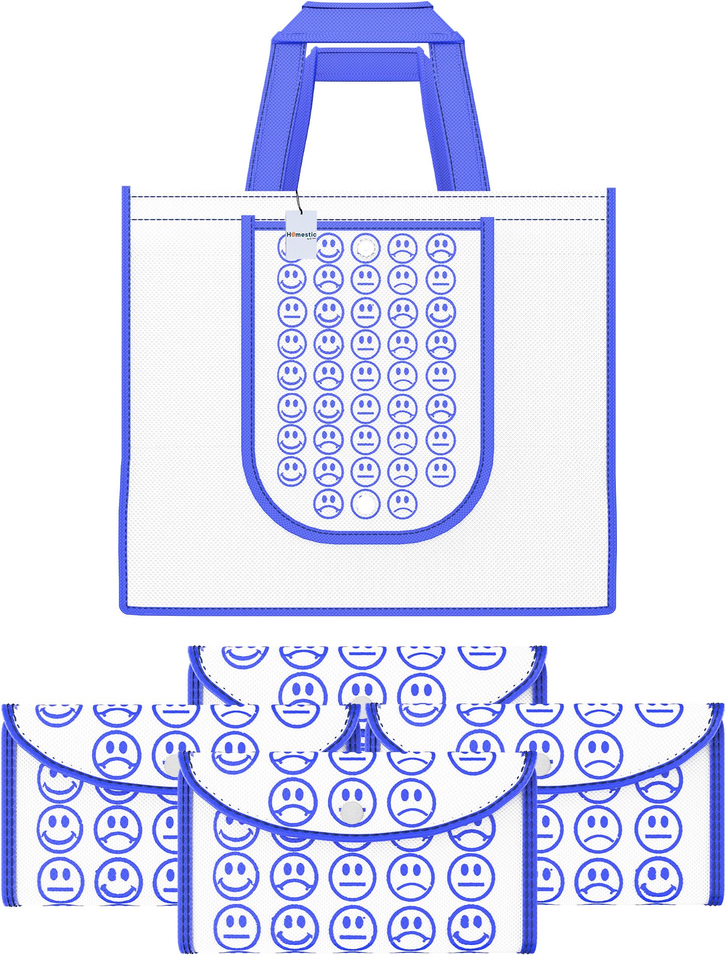 homestic Pack of 5 Smile Print Foldable Grocery/Shopping Bags For Women | White & Blue Pack of 5 Grocery Bags-picture-24