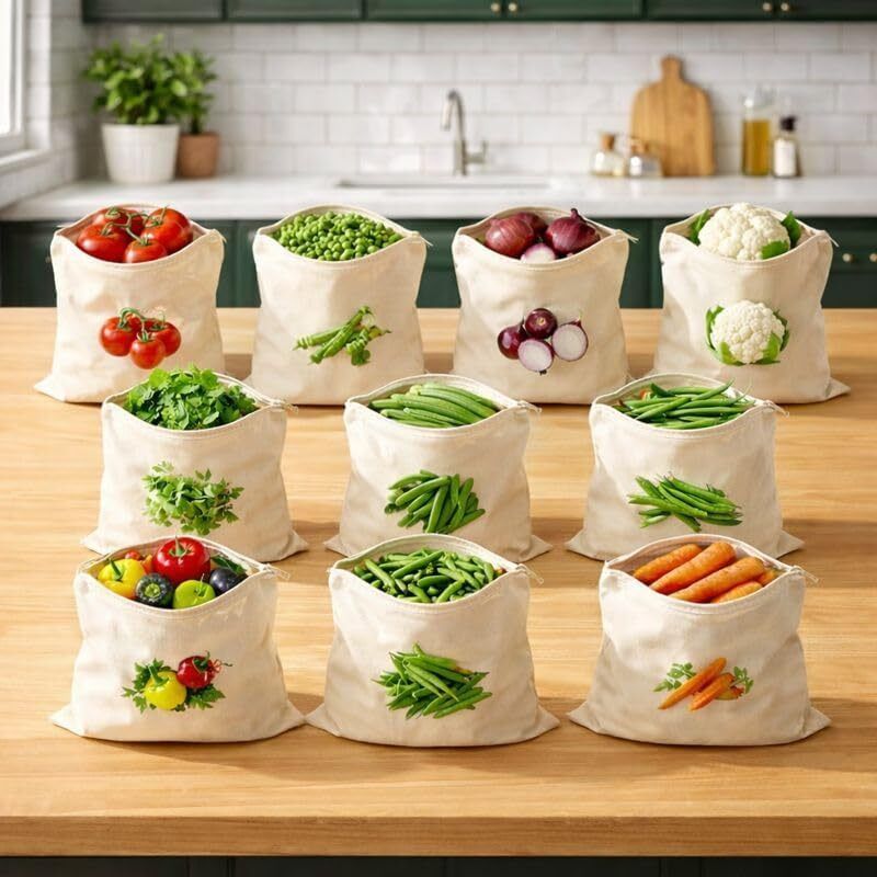 rkgonish 100% Natural Cotton Reusable Vegetable Storage Bags for Fridge | Pack of 10 Pack of 10 Grocery Bags-picture-19