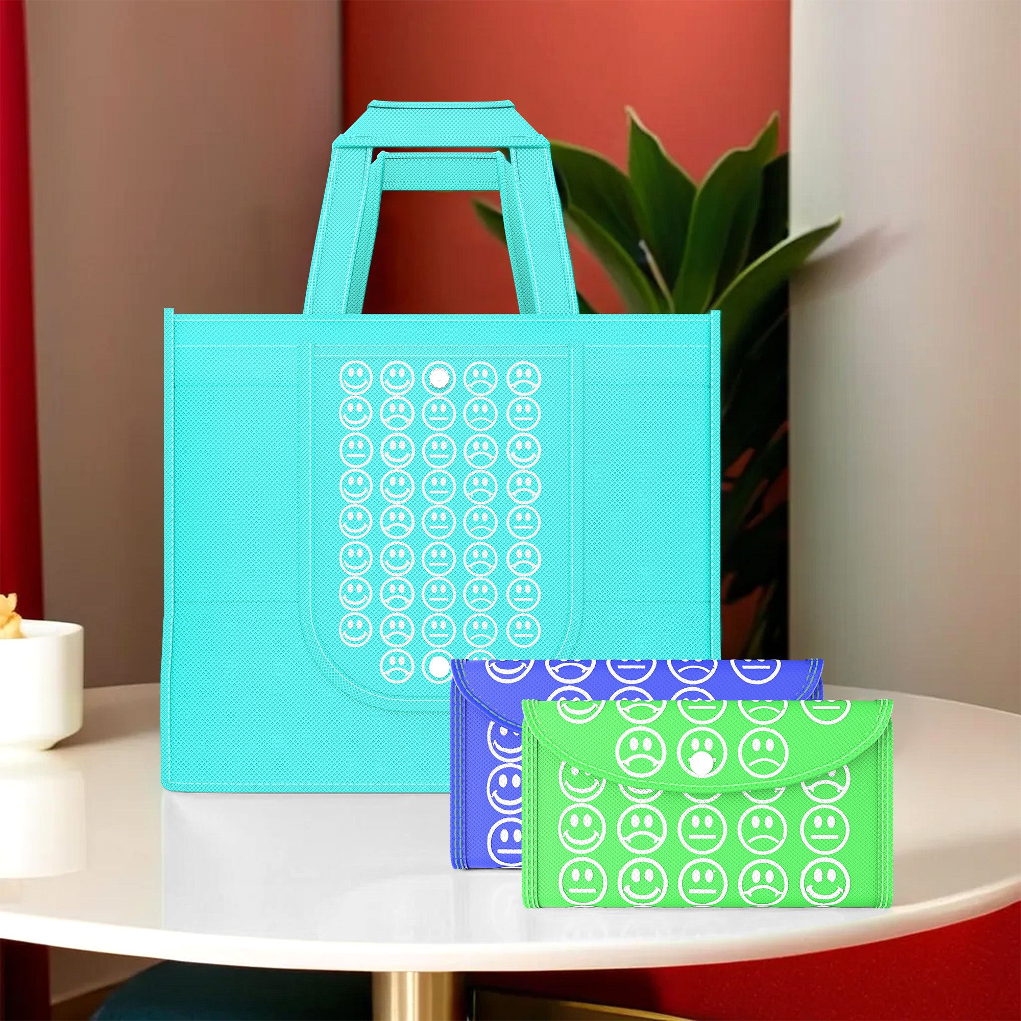 kuber industries Pack of 3 Smile Foldable Shopping Bags For Women | Blue, Dark Blue & Green Pack of 3 Grocery Bags-picture-36