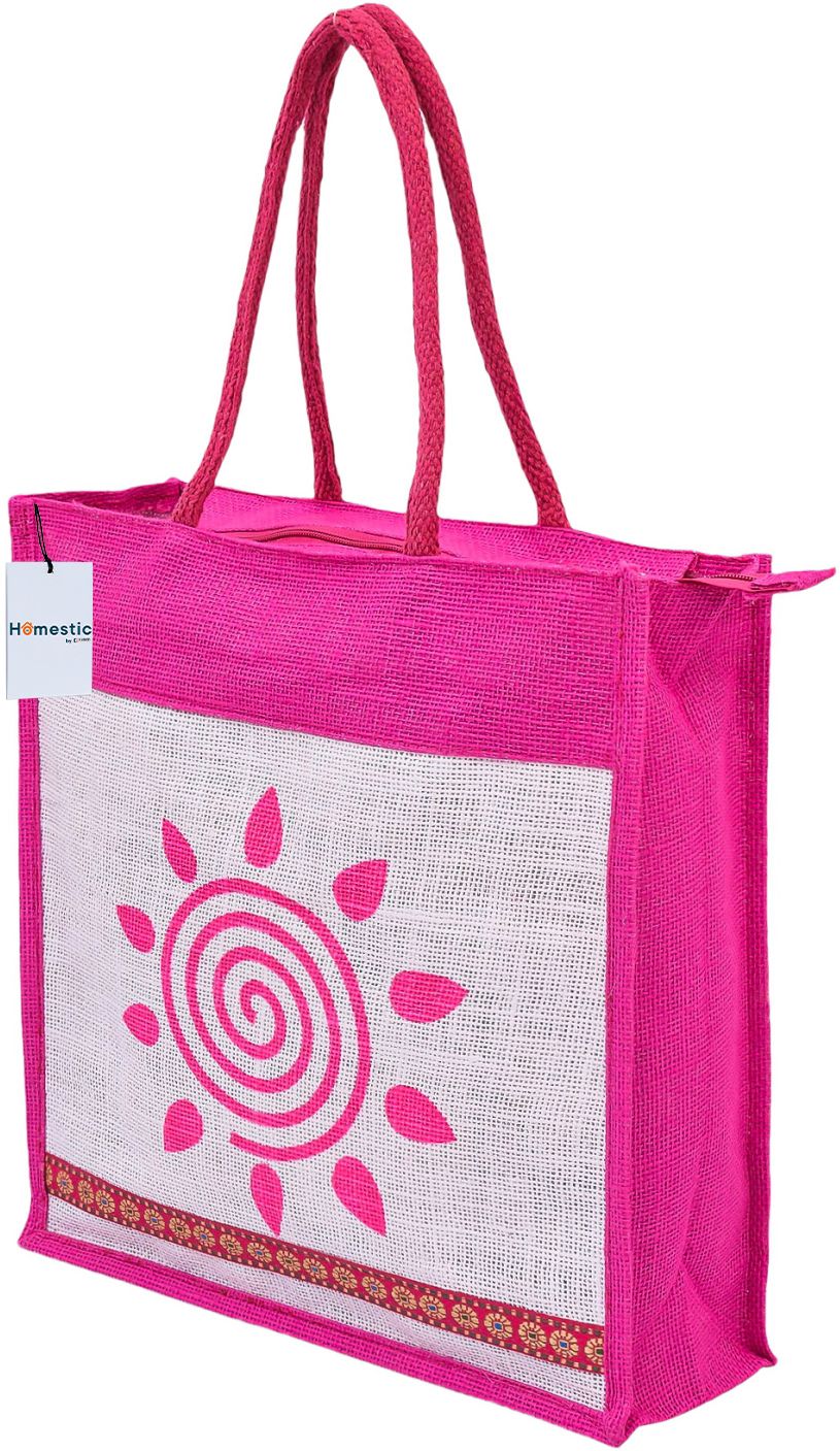 Jute Pink Sunflower Grocery Bag with Handle|Medium|Cream Grocery Bag-image-1