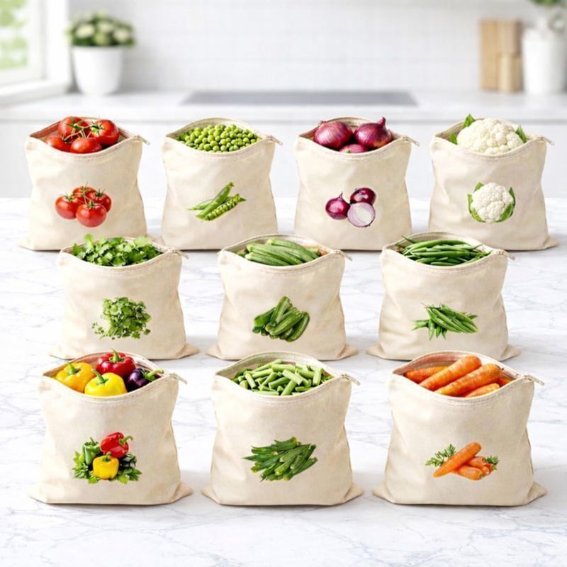 Pure Cotton Reusable Vegetable Bags for Fridge | Eco-Friendly | 12x12 Inches | Pack of 10 Grocery Bags-image-47