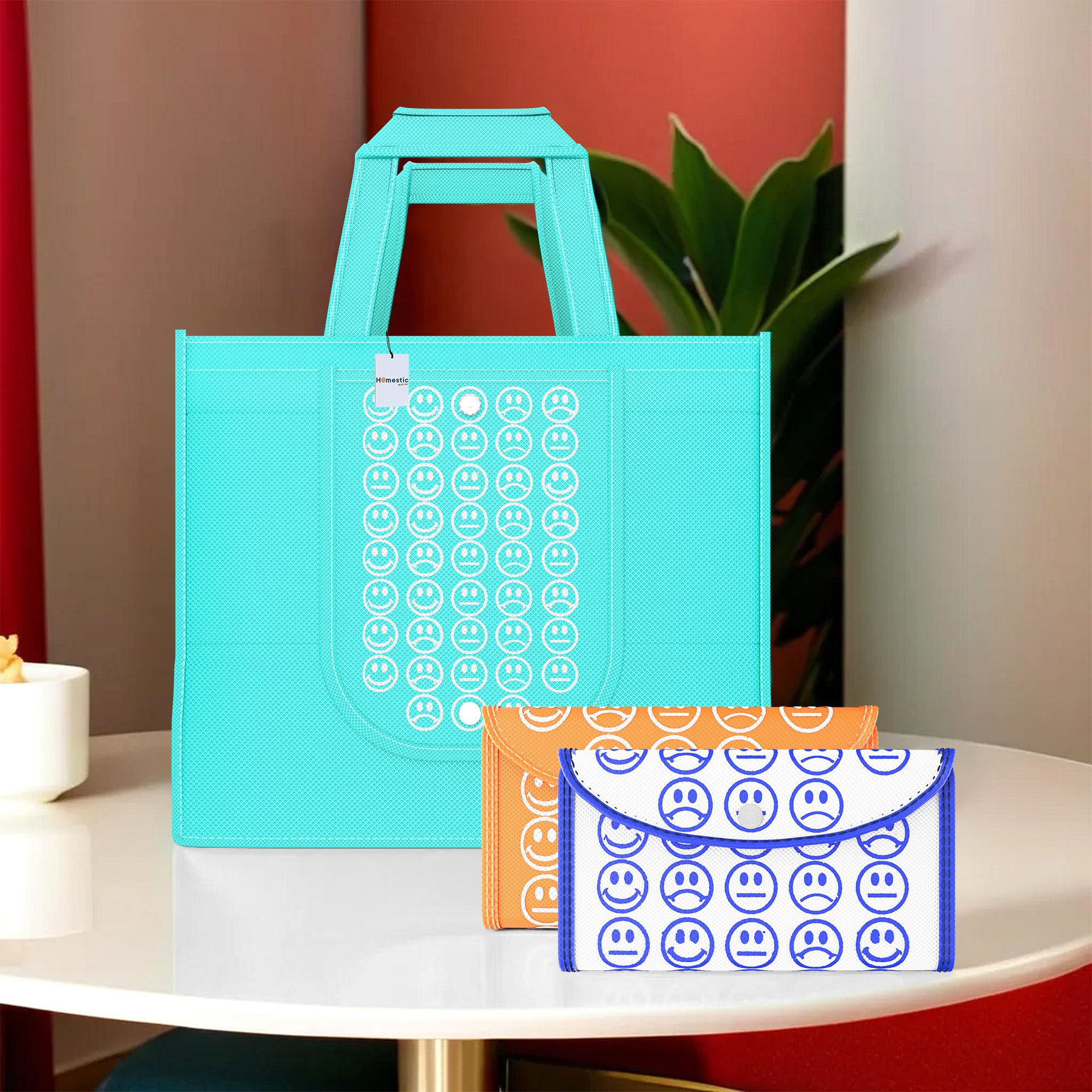Pack of 3 Smile Foldable Shopping Bags For Women | Blue, Orange & White Blue Pack of 3 Grocery Bags-image-2
