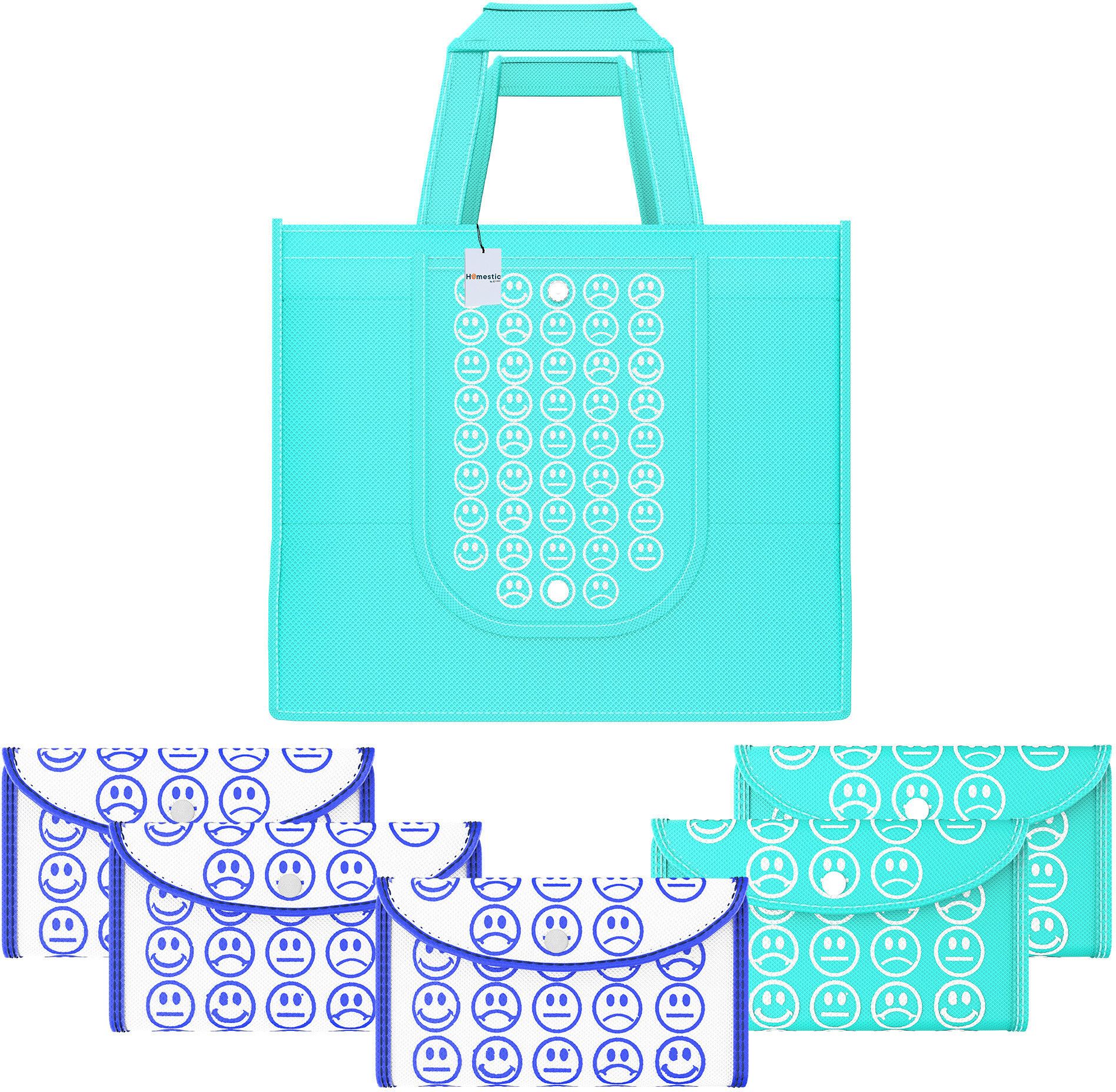 Pack of 6 Smile Foldable Grocery/Shopping Bags For Women | Blue & White Blue Pack of 6 Grocery Bags-image-36