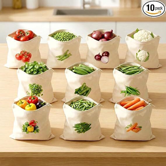 valsheri 100% Printed Cotton Reusable Vegetable Bags for Fridge Pack of 10 Grocery Bags-picture-44