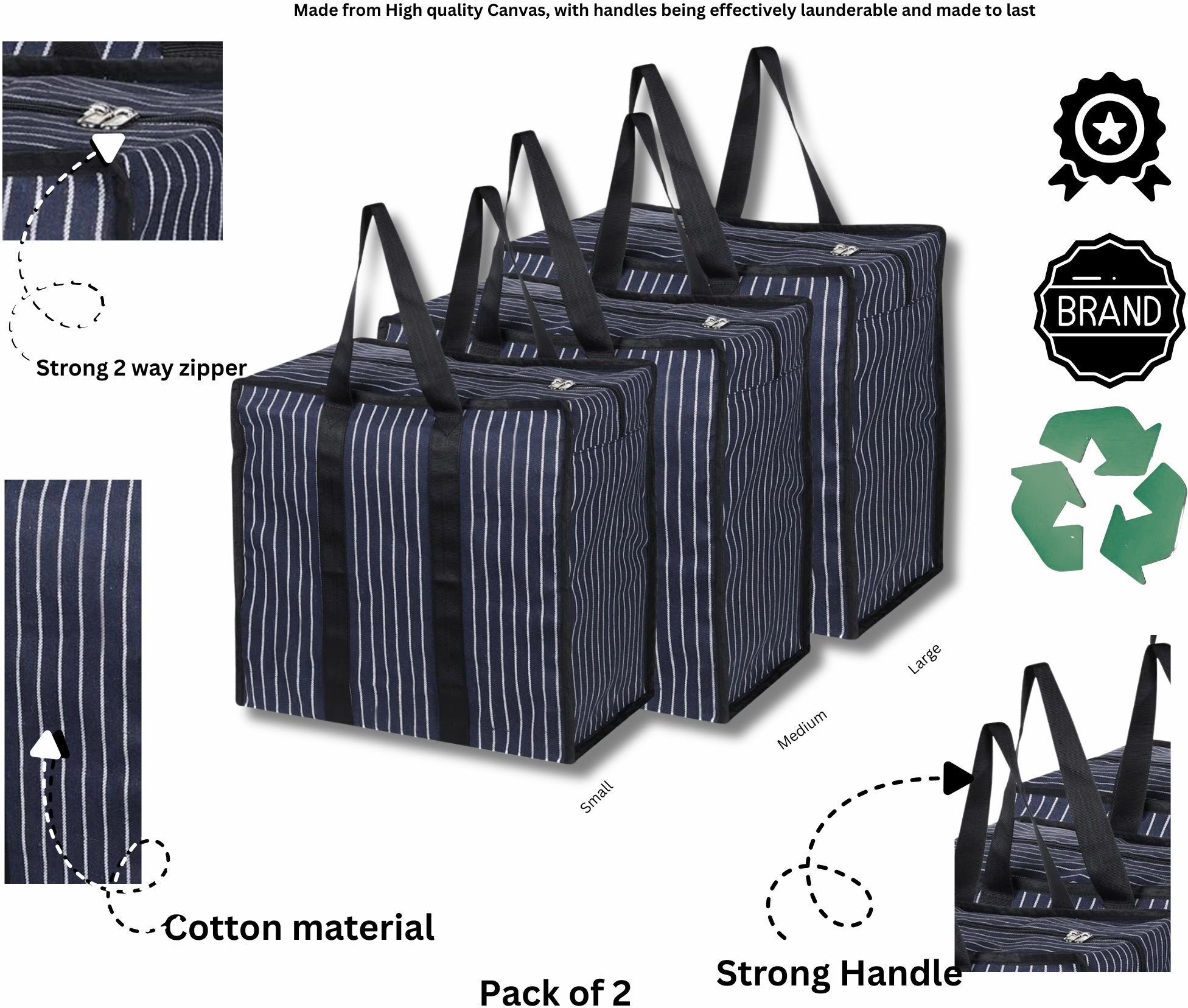 Storage Bags with Zipper Cotton Canvas Storage Organizer Strong Handle Pack of 2 Grocery Bags-image-4