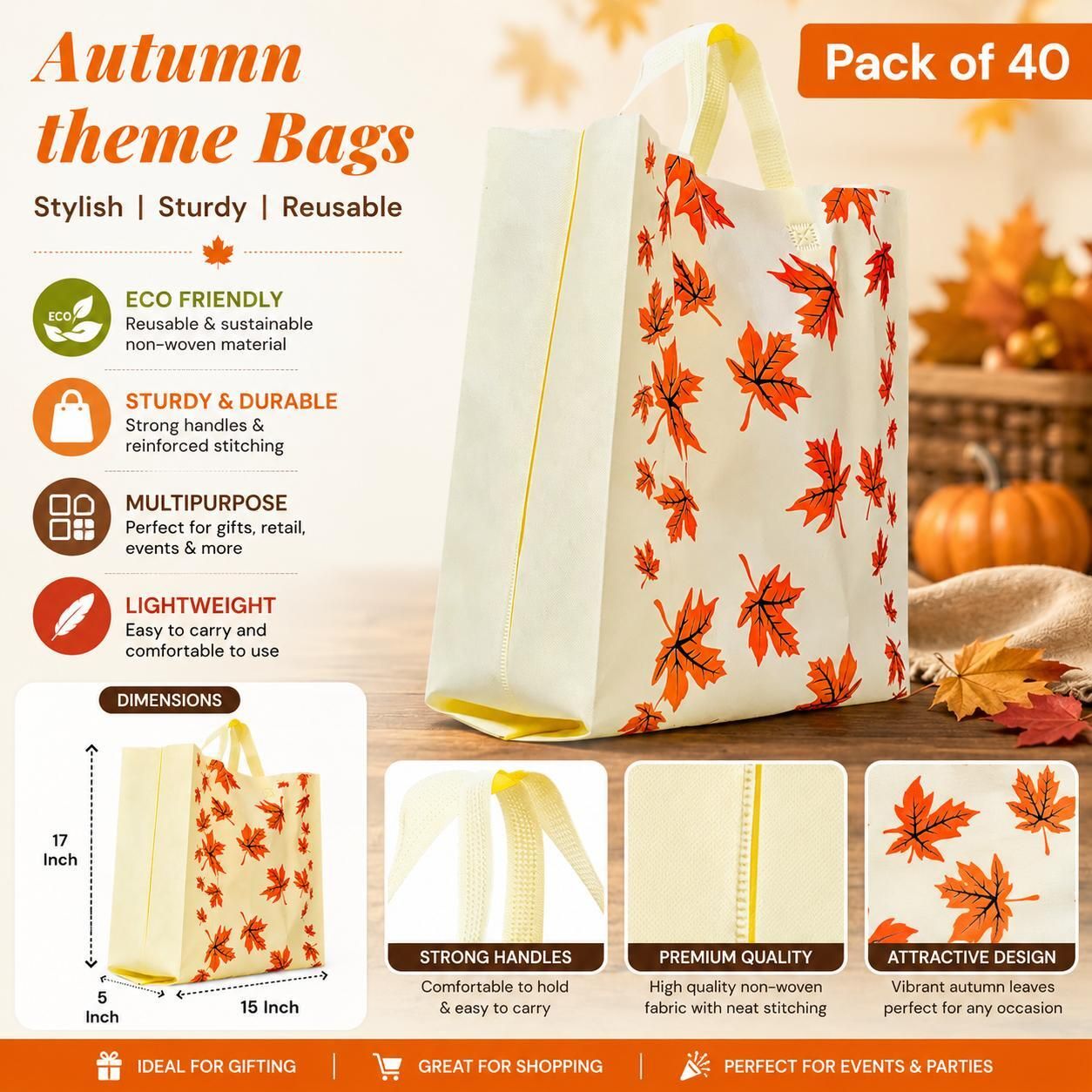 Premium Autumn Theme Non-Woven Gift Bag 15x17x5 Inch (Pack of 40) Pack of 40 Grocery Bags-image-17