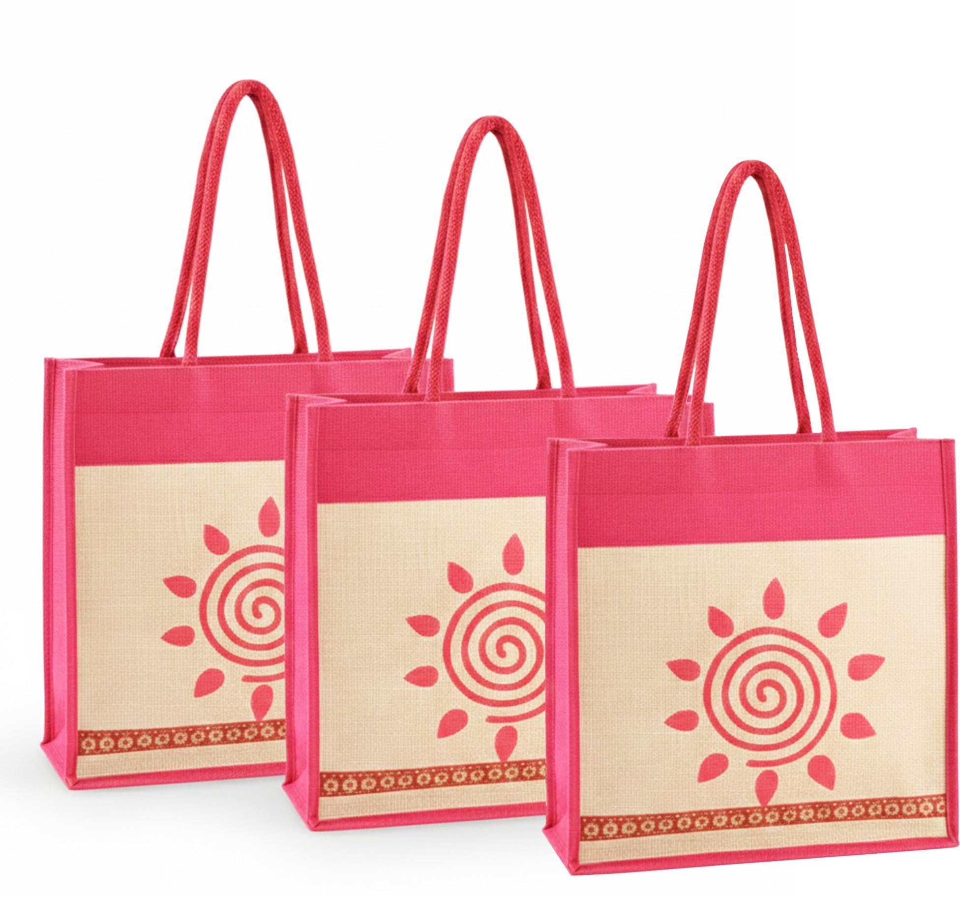 3 Pcs Jute Medium Shopping Bag for Women with Handle | Sunflower - Cream & Pink Pack of 3 Grocery Bags-image-9