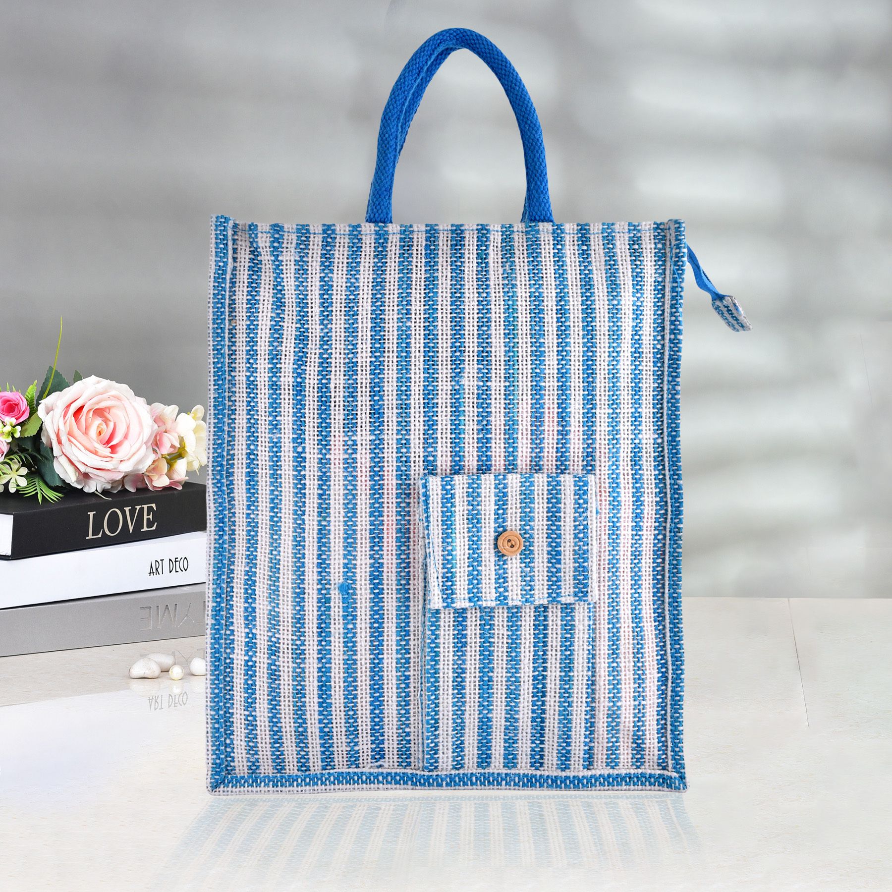 Jute Lining Front Pocket Carry Shopping Bag with Handle|Medium|Blue Grocery Bag-image-45