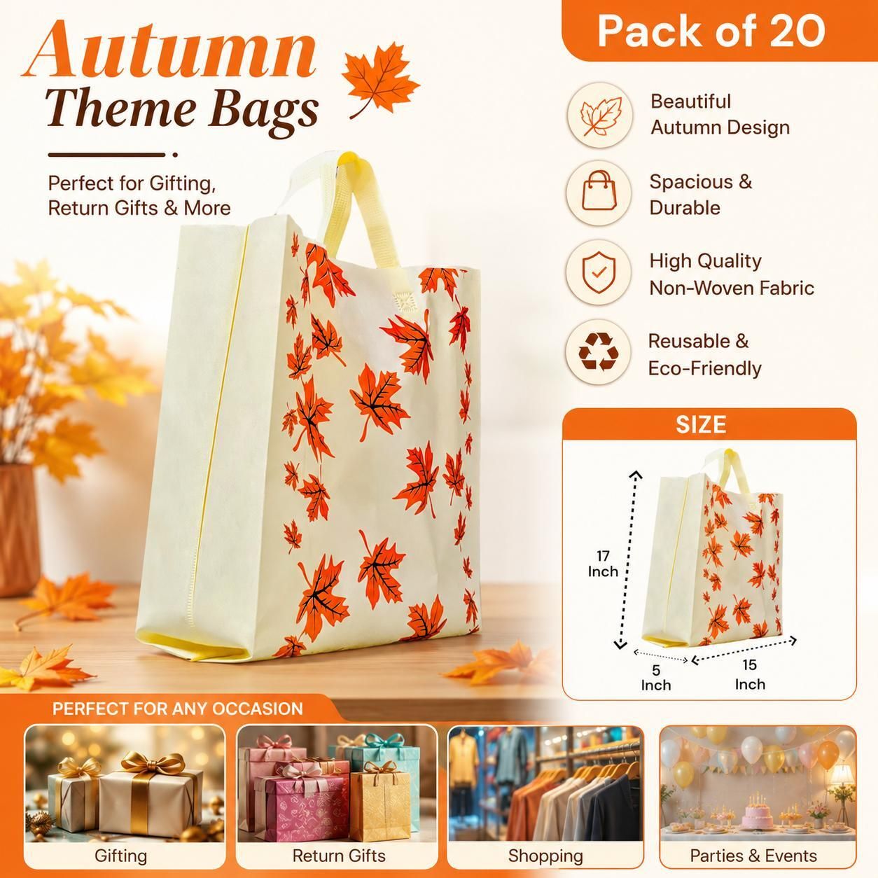 Premium Autumn Theme Non-Woven Gift Bag 15x17x5 Inch (Pack of 20) Pack of 20 Grocery Bags-image-18