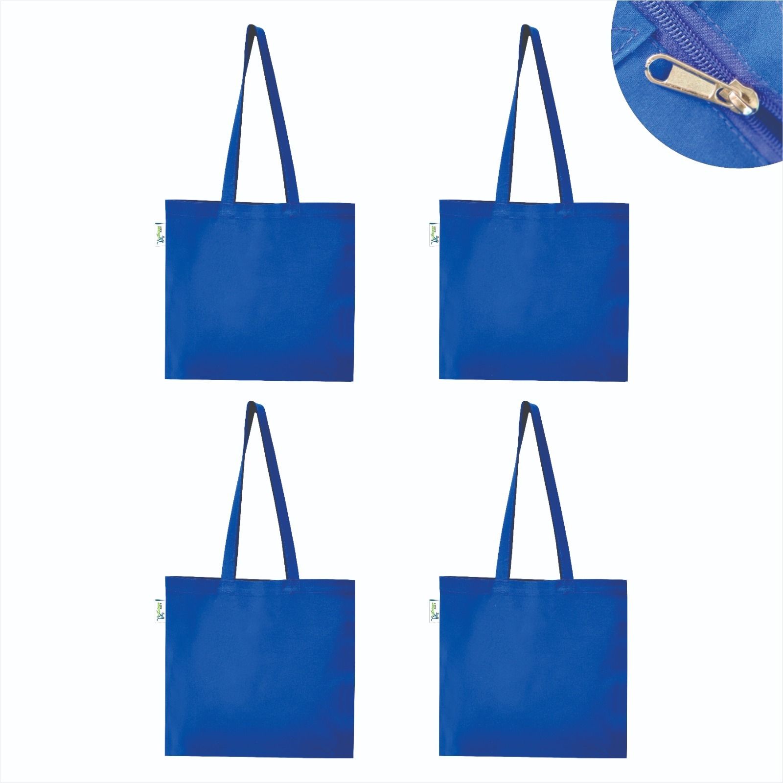 Blue Cotton Plain Tote Shopping Bags With Zip Pack of 4 Grocery Bags-image-5