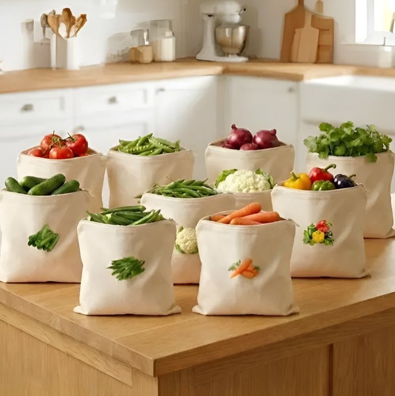 100% Cotton Reusable Vegetable Bags for Fridge | Eco-Friendly | 12x12 Inches | Pack of 10 Grocery Bags-image-45