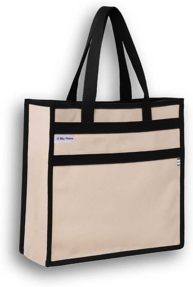 Cotton Canvas Tote Bag, Beige with Black Trim, 380 GSM, 14x13x5 Inches Grocery Bag-image-22