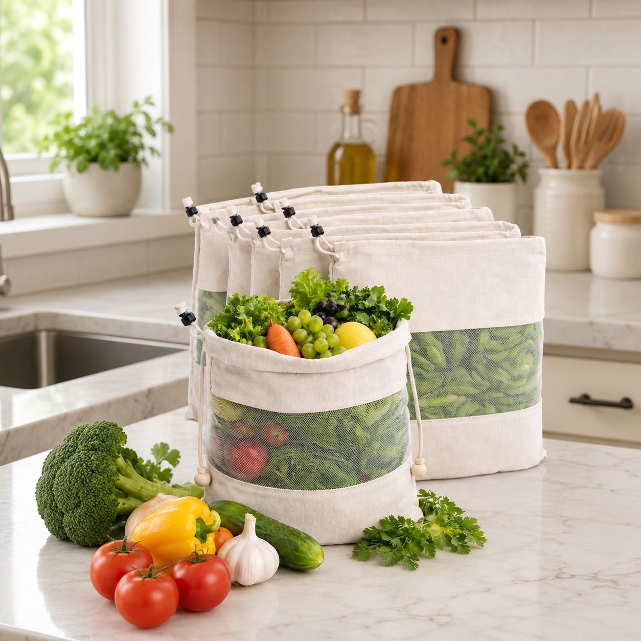 vrusmith Cotton Vegetable Storage Bag for Fridge | Reusable Washable Grocery Pouch Pack of 8 Grocery Bags-picture-18