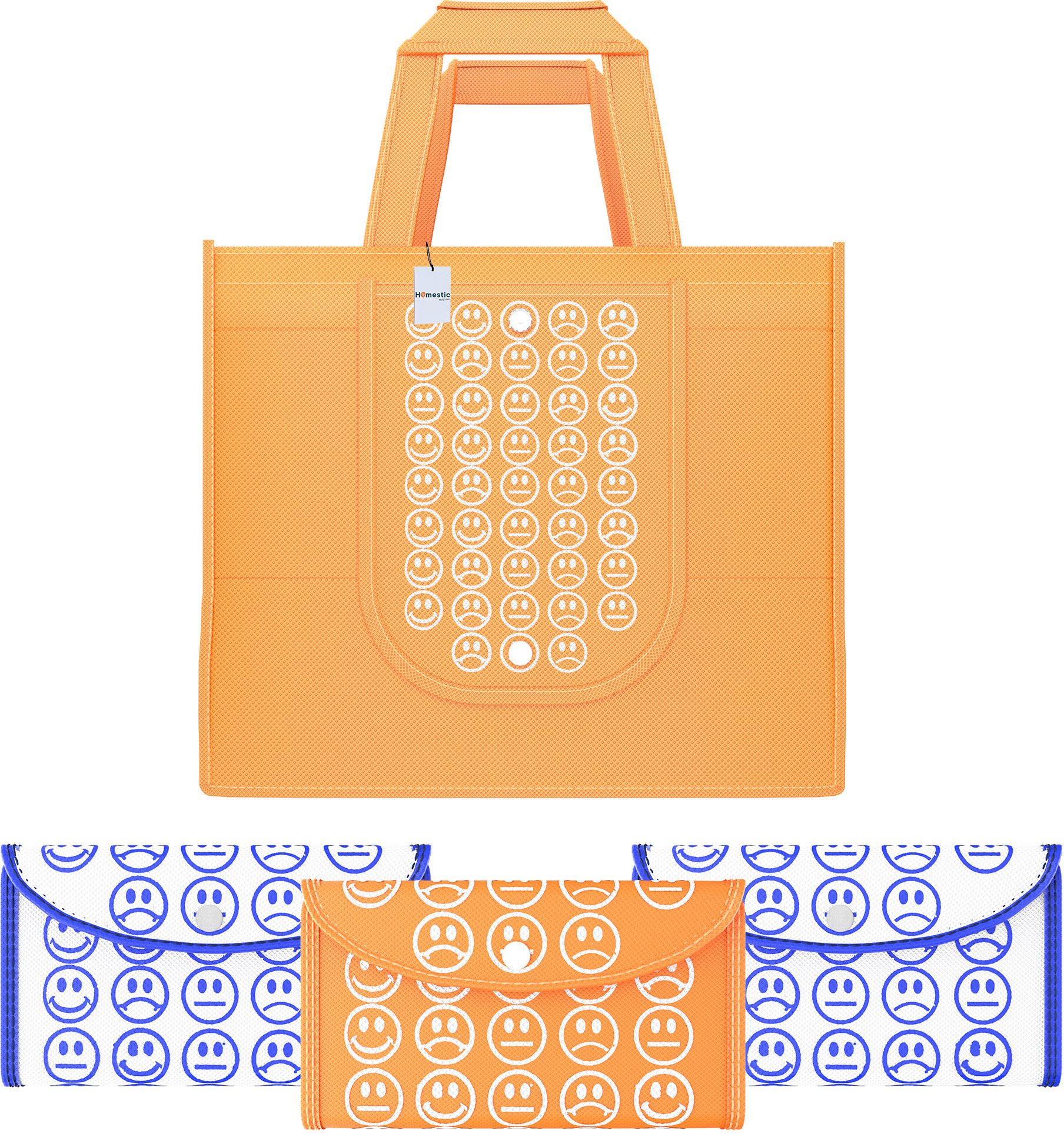 Pack of 4 Smile Foldable Grocery/Shopping Bags For Women | Orange & White Blue Pack of 4 Grocery Bags-image-27