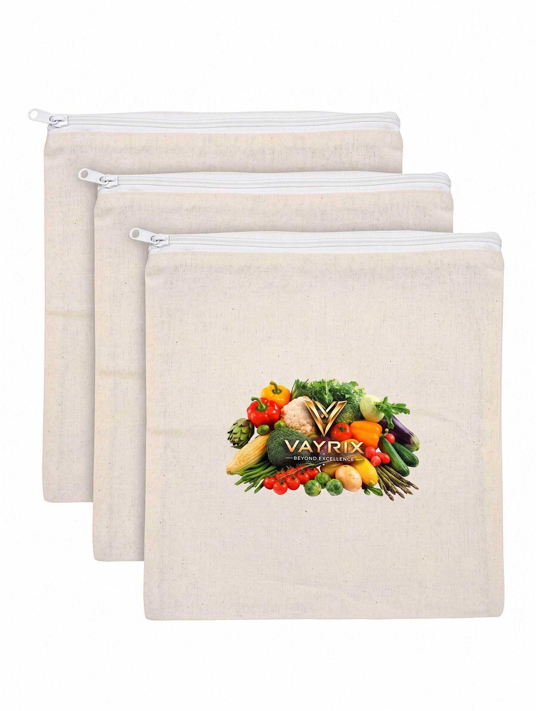 vayrix Cotton Zip Pouch For Fridge Vegetables | Pack of 3 | Eco Washable Storage Bag Pack of 3 Grocery Bags-picture-21