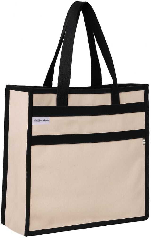 Cotton Canvas Tote Bag, Beige with Black (13X13X5)-image-23