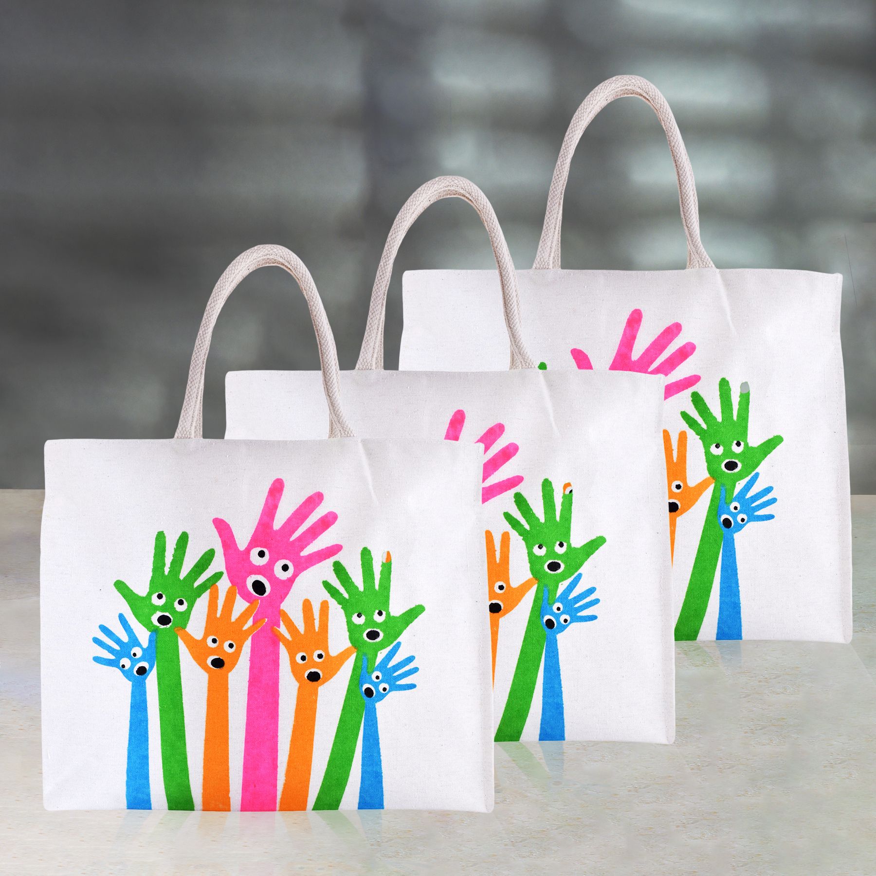 Canvas Hands-Design Shopping Bag with Handle|Vegetable Bag|Large|Pack of 3|White Pack of 3 Grocery Bags-image-5