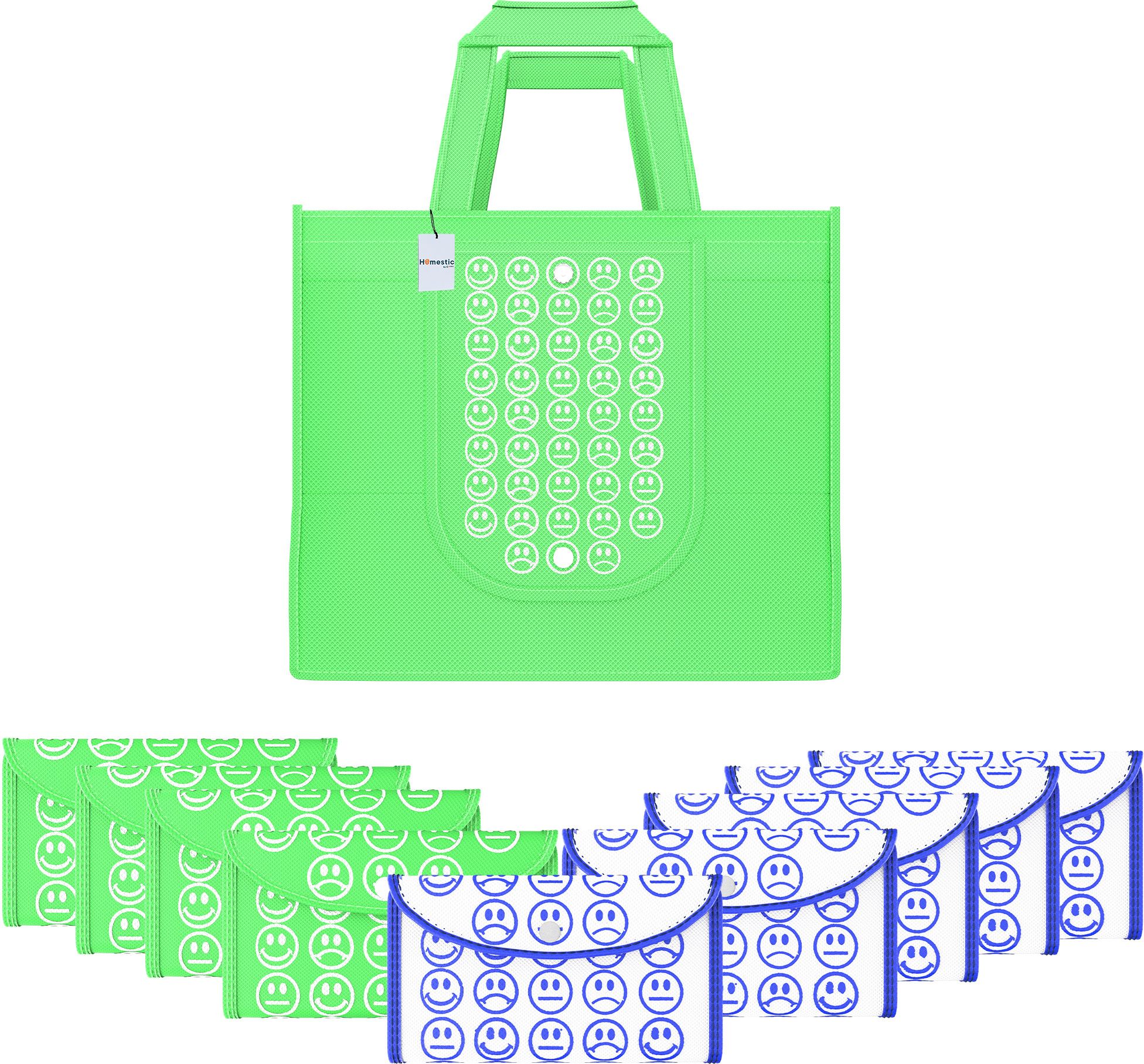 Pack of 10 Smile Foldable Shopping Bags For Women | Green & White Blue Pack of 10 Grocery Bags-image-13