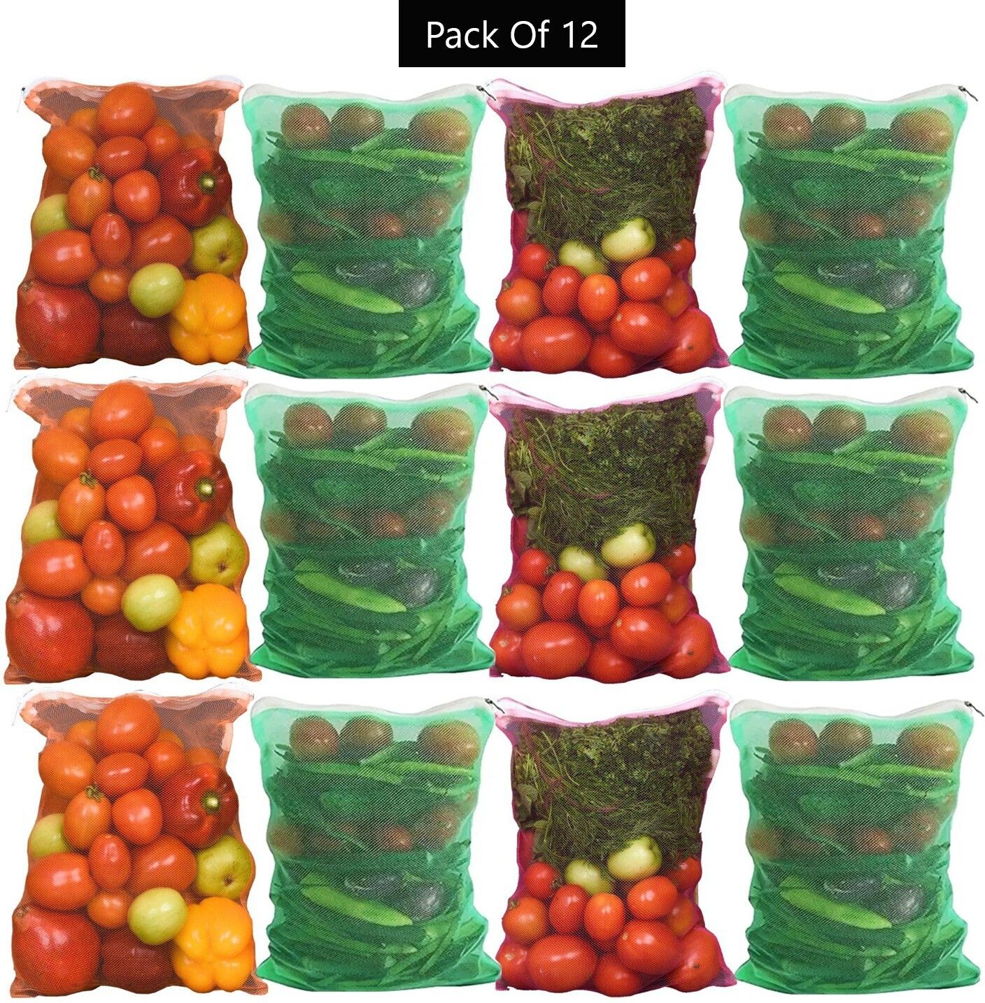 Multi-purpose Vegetables Fruits Mesh Fridge Storage Washable Zip Bags Pack of 12 Grocery Bags