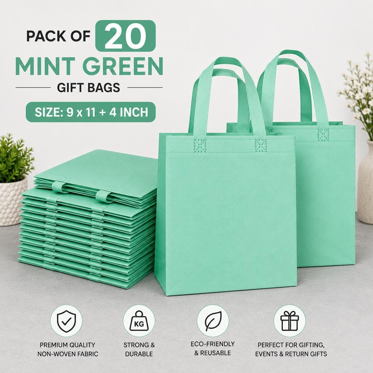 Mint Green Non-Woven Gift Bag Pack of 20 Pack of 20 Grocery Bags-image-15
