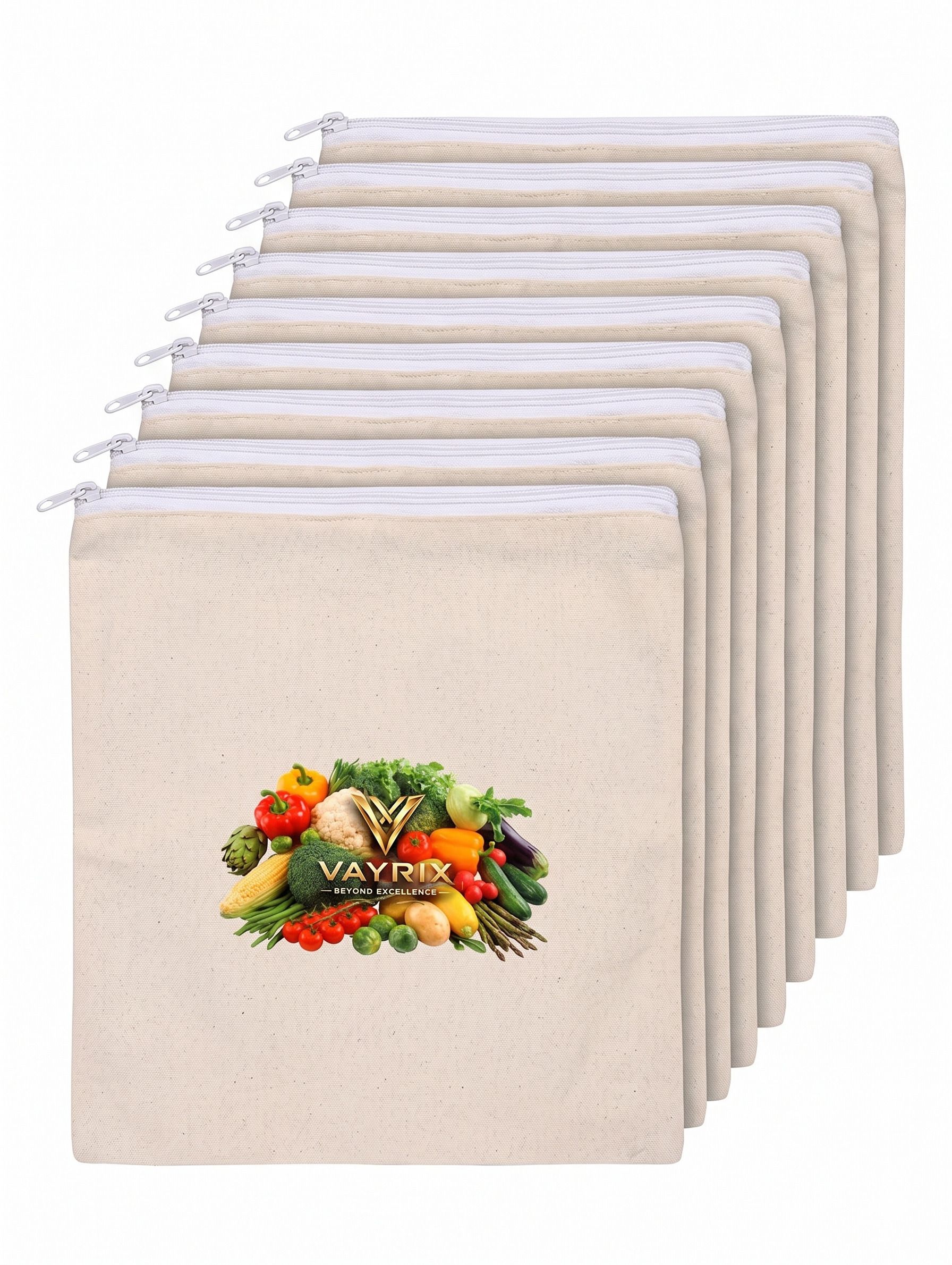 vayrix Cotton Fridge Bag With Zipper For Vegetable & Fruit Storage | 2 Pcs | Washable Pack of 10 Grocery Bags-picture-8
