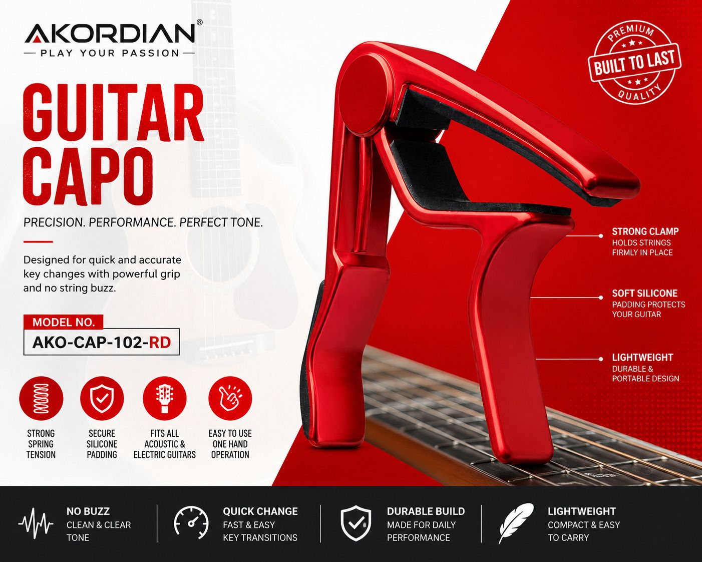 akordian AKO-CAP-02-RD Metal Capo For Guitar, Ukulele, Mandolin & Banjo Clutch Guitar Capo-picture-44
