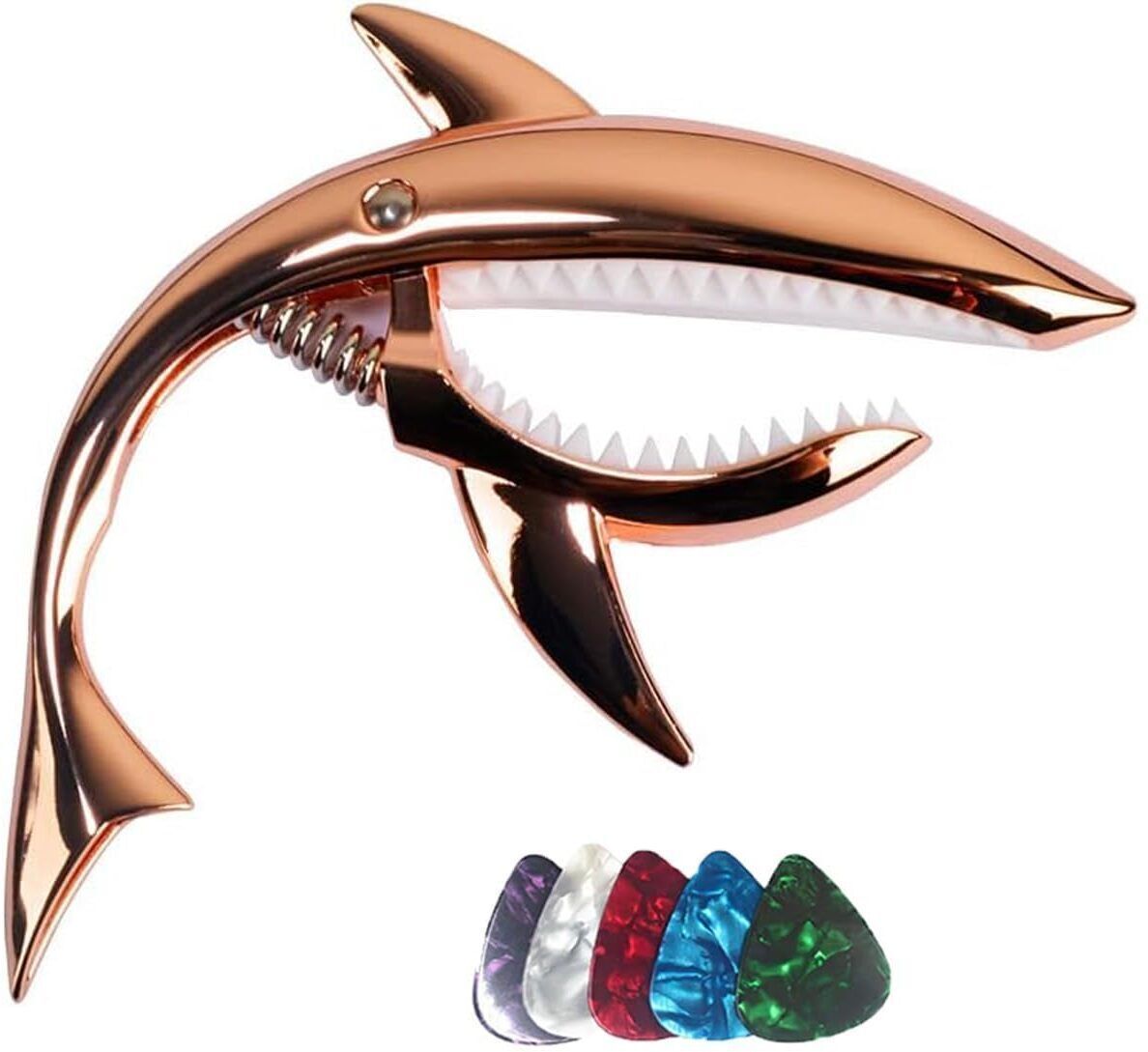 rythm enterprises Shark Capo for Acoustic Guitar & Electric Guitar with 2 Picks (Rose Gold) Spring Guitar Capo-picture-21