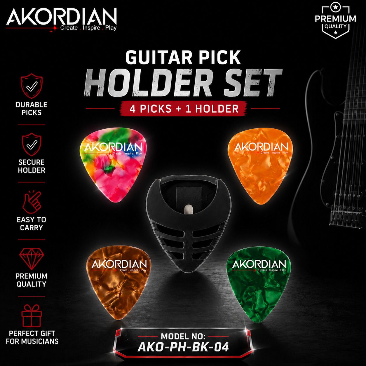 Guitar Pick Holder Set | 4 Picks + 1 Holder | AKO-PH-BK-04 Guitar Pick-image-45