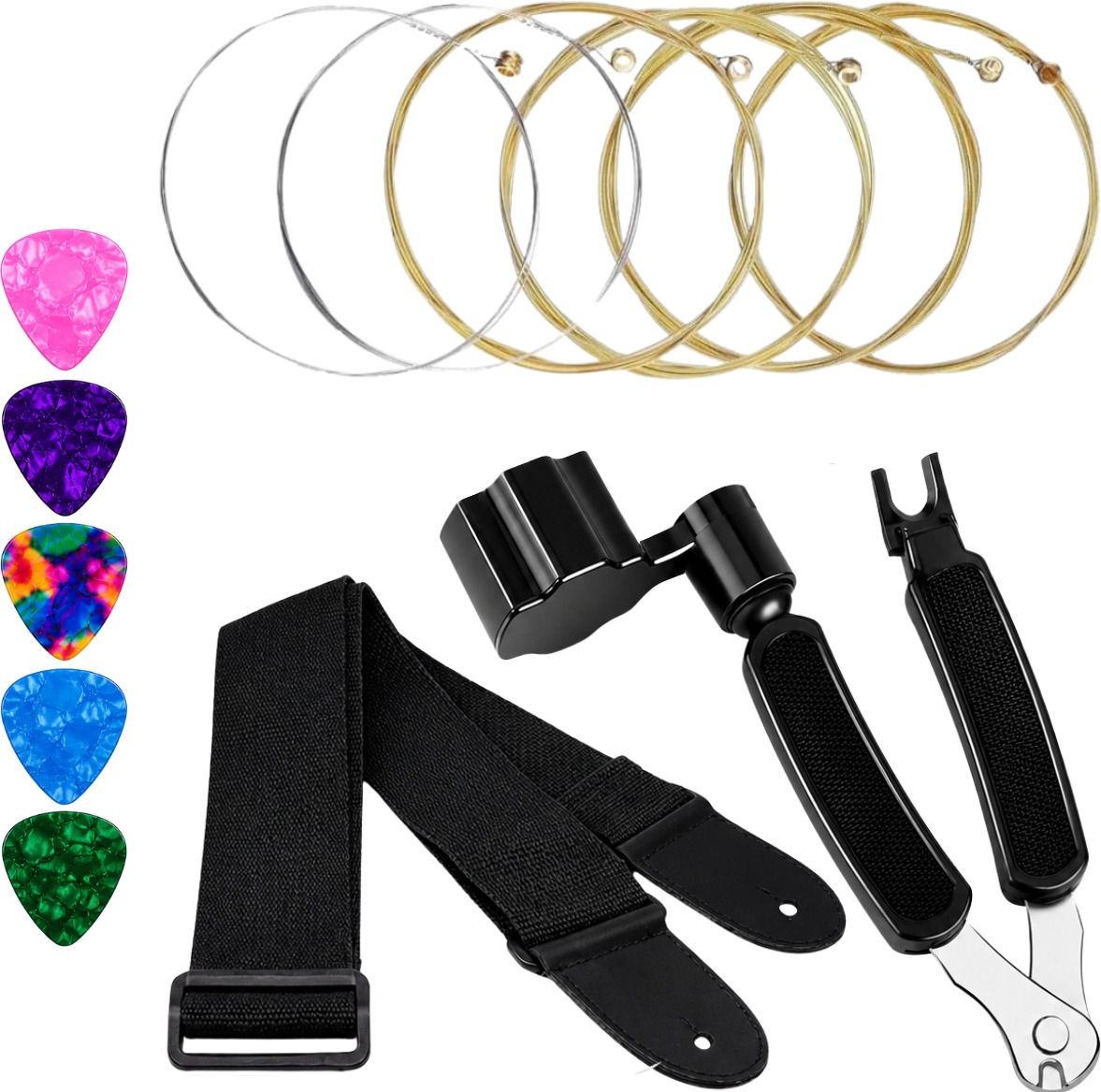 Acoustic Acoustic Guitar Accessories Kit with Black Strap, Guitar String, Winder & 5 Pick Guitar String-image-1