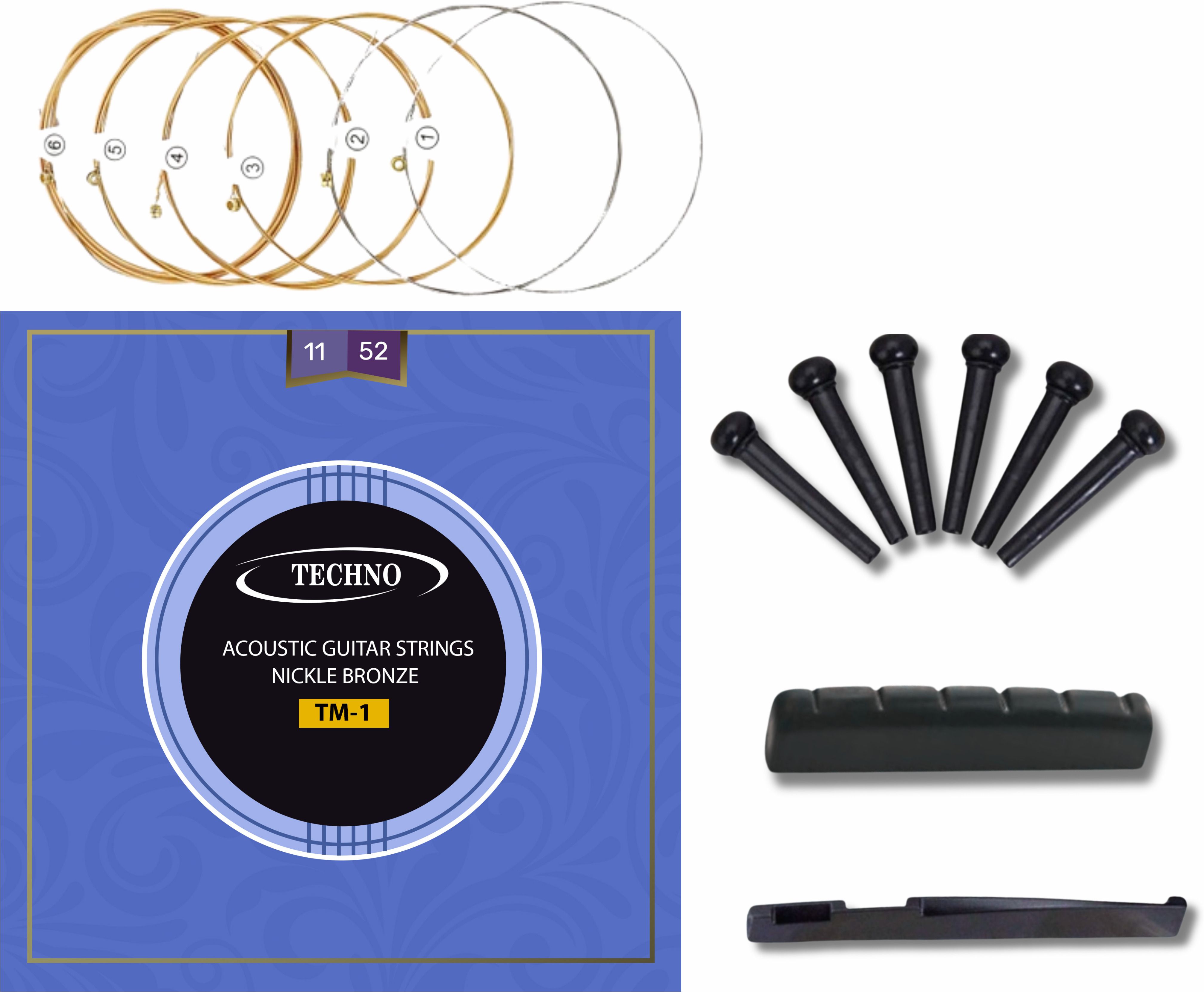 techno Acoustic Premium TM-1 Acoustic Guitar Strings with Nut, Saddle & Black Bridge Pins Set Guitar String-picture-13