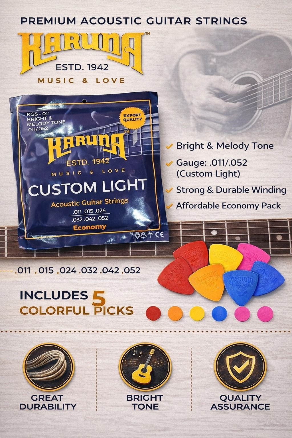 karuna Acoustic ECONOMY WITH 5 PICKS AZ20 Guitar String-picture-41