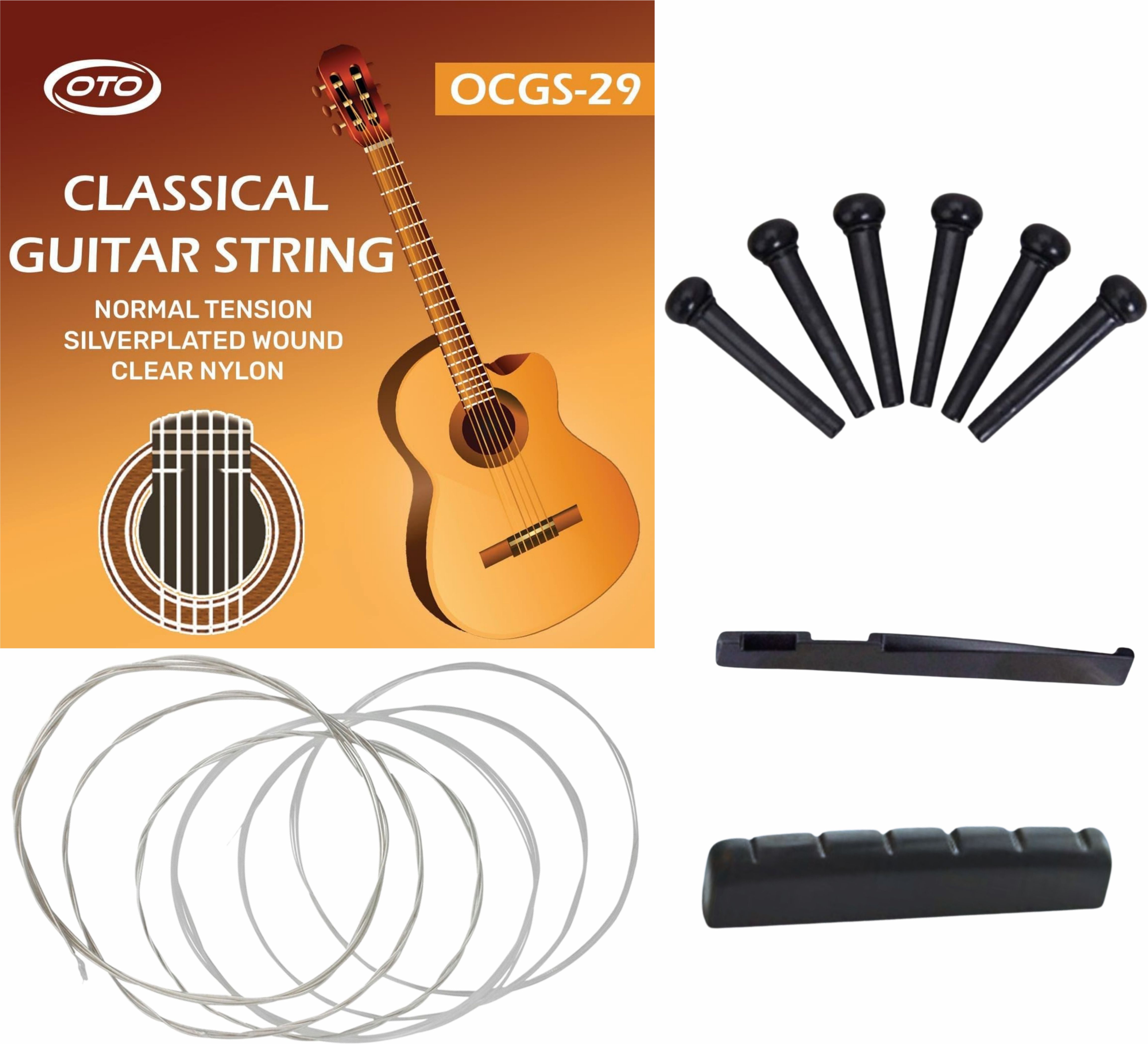 Acoustic Premium OCGS-29 Acoustic Guitar Strings with Nut, Saddle & Black Bridge Pins Set Guitar String-image-29