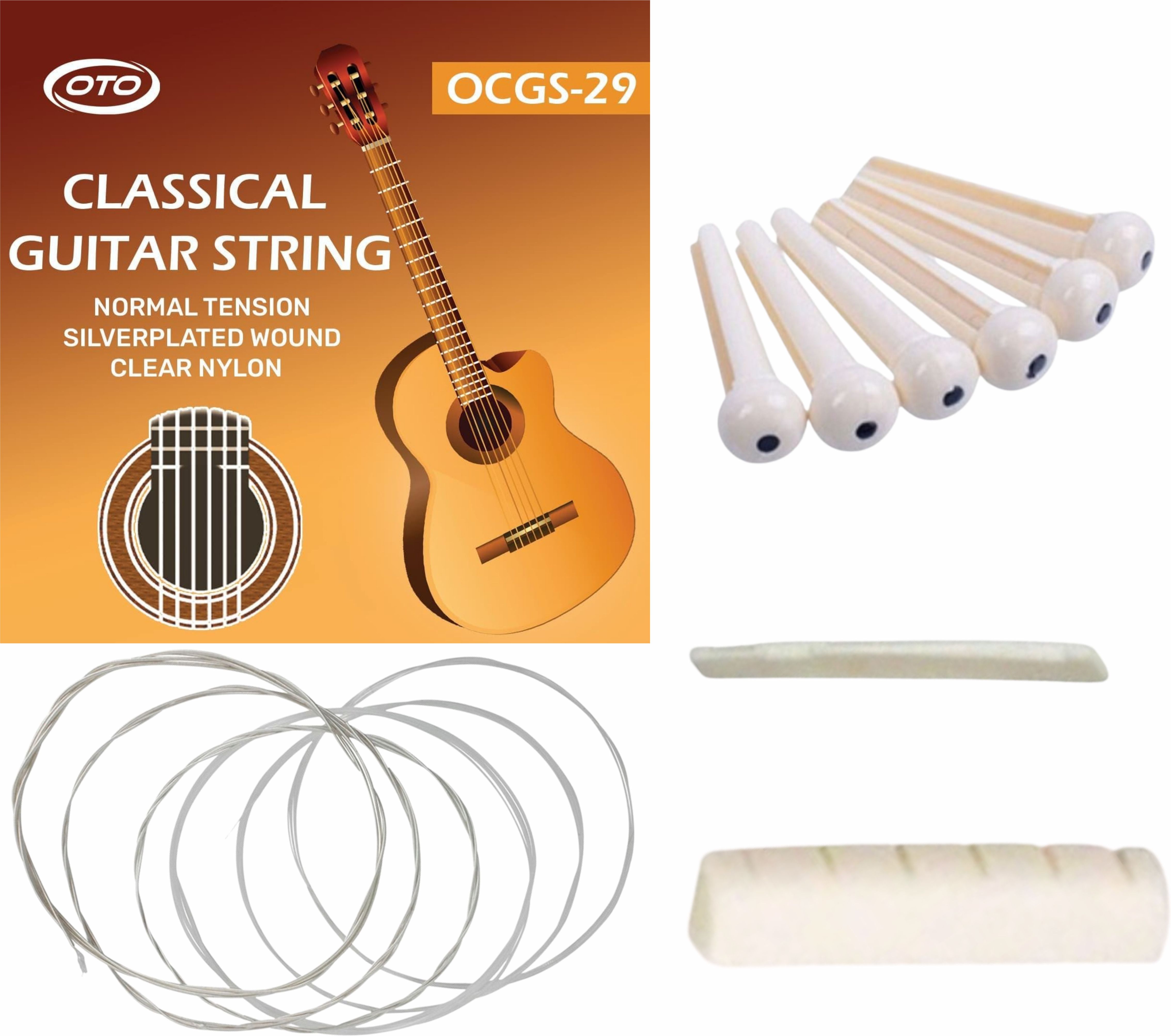 oto Acoustic Premium OCGS-29 Acoustic Guitar Strings with Nut, Saddle & White Bridge Pins Set Guitar String-picture-1