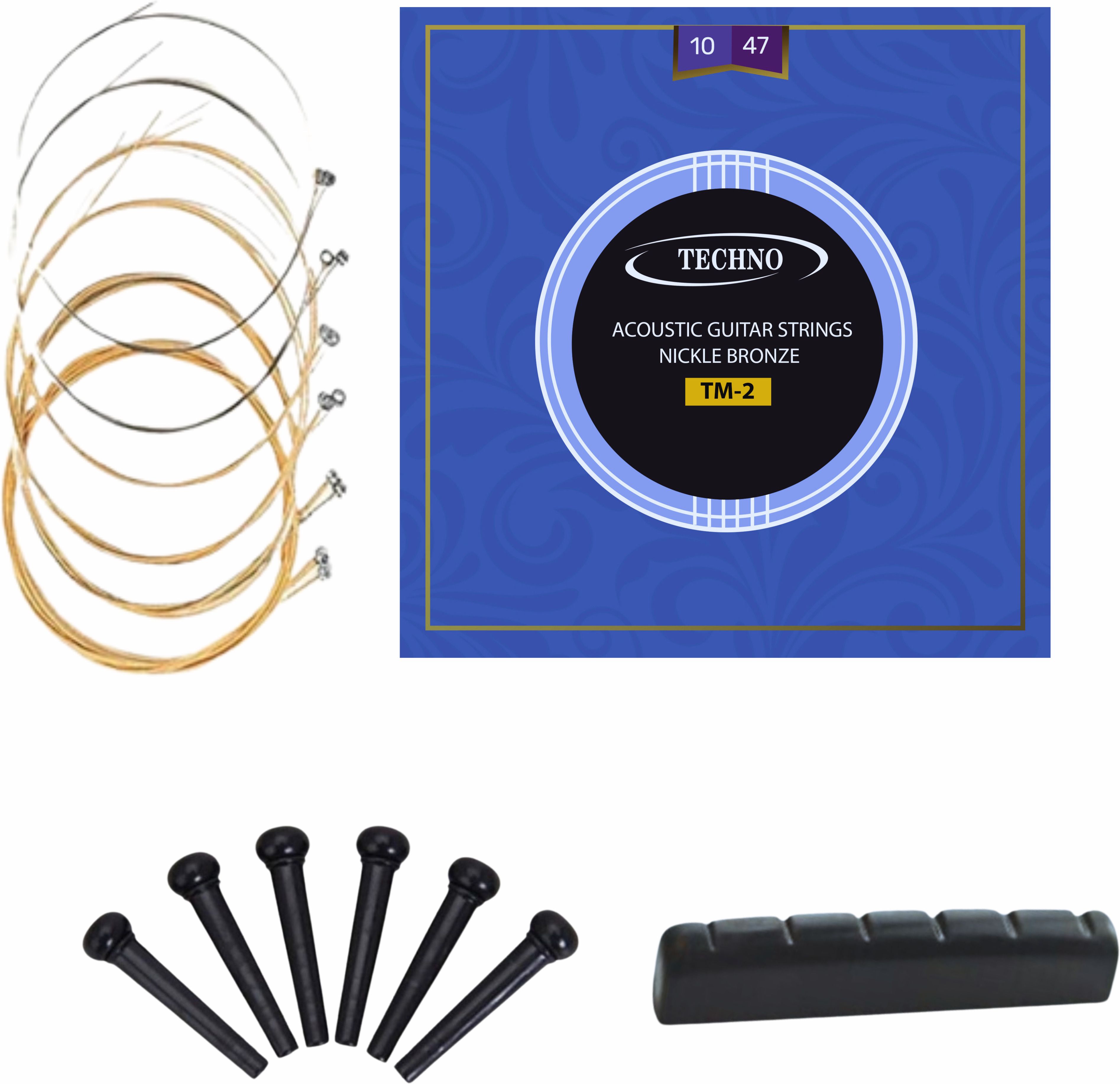 techno Acoustic Premium TM-2 Acoustic Guitar Strings with Nut, Saddle & Black Bridge Pins Set Guitar String-picture-12