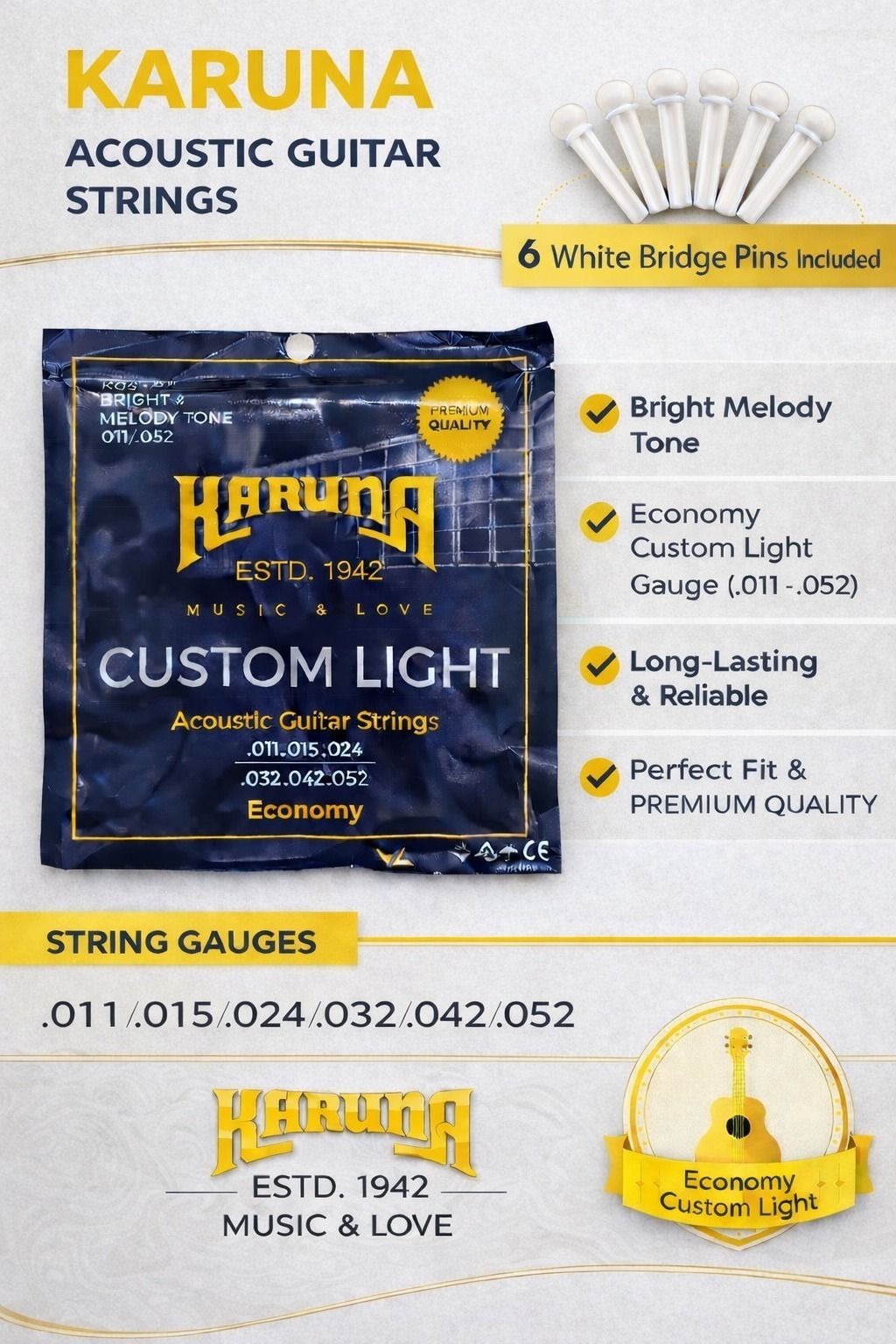 karuna Acoustic ECONOMY STRING SET OF 6 AND 6 BRIDGE PINS AD12 Guitar String-picture-20