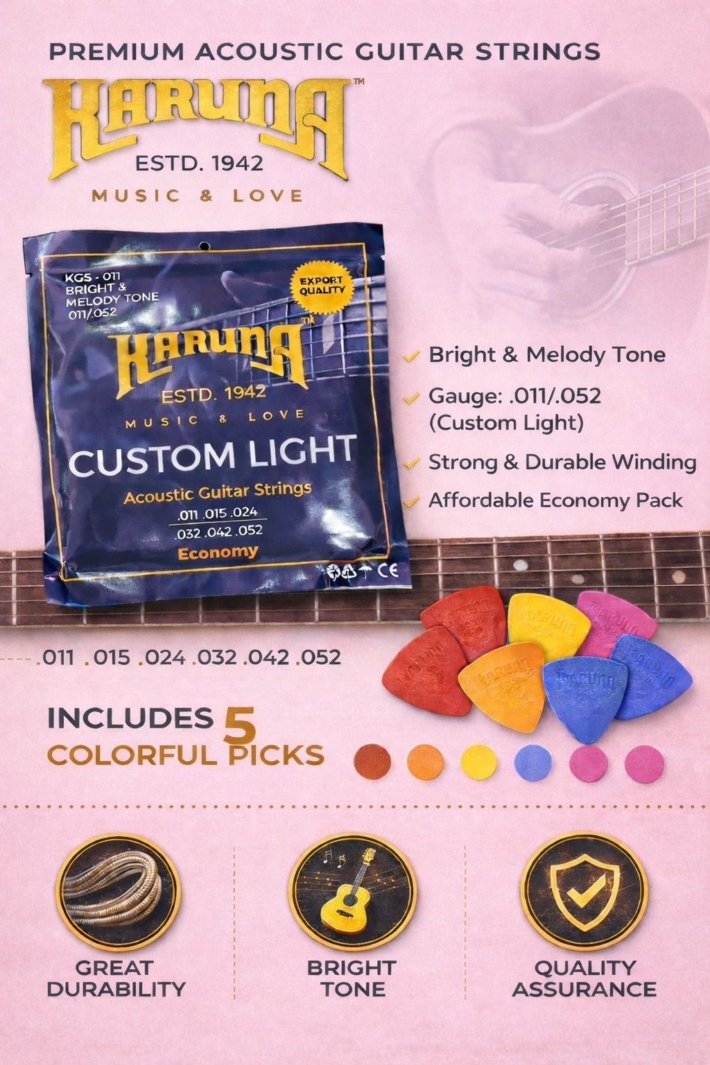 karuna Acoustic ECONOMY WITH 5 PICKS AZ17 Guitar String-picture-42