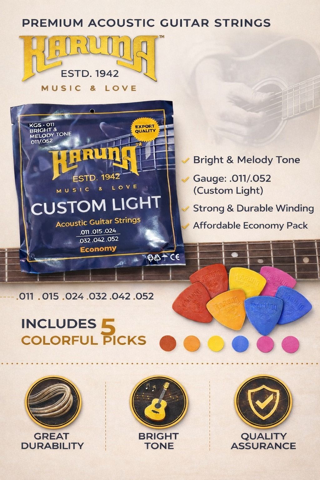 Acoustic ACOUSTIC GUITAR KARUNA STRING WITH 5 PICKS AB18 Guitar String-image-18