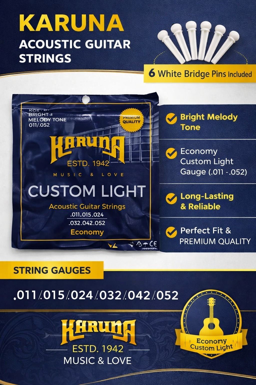 karuna Acoustic ECONOMY STRING SET OF 6 AND 6 BRIDGE PINS AD9 Guitar String-picture-44