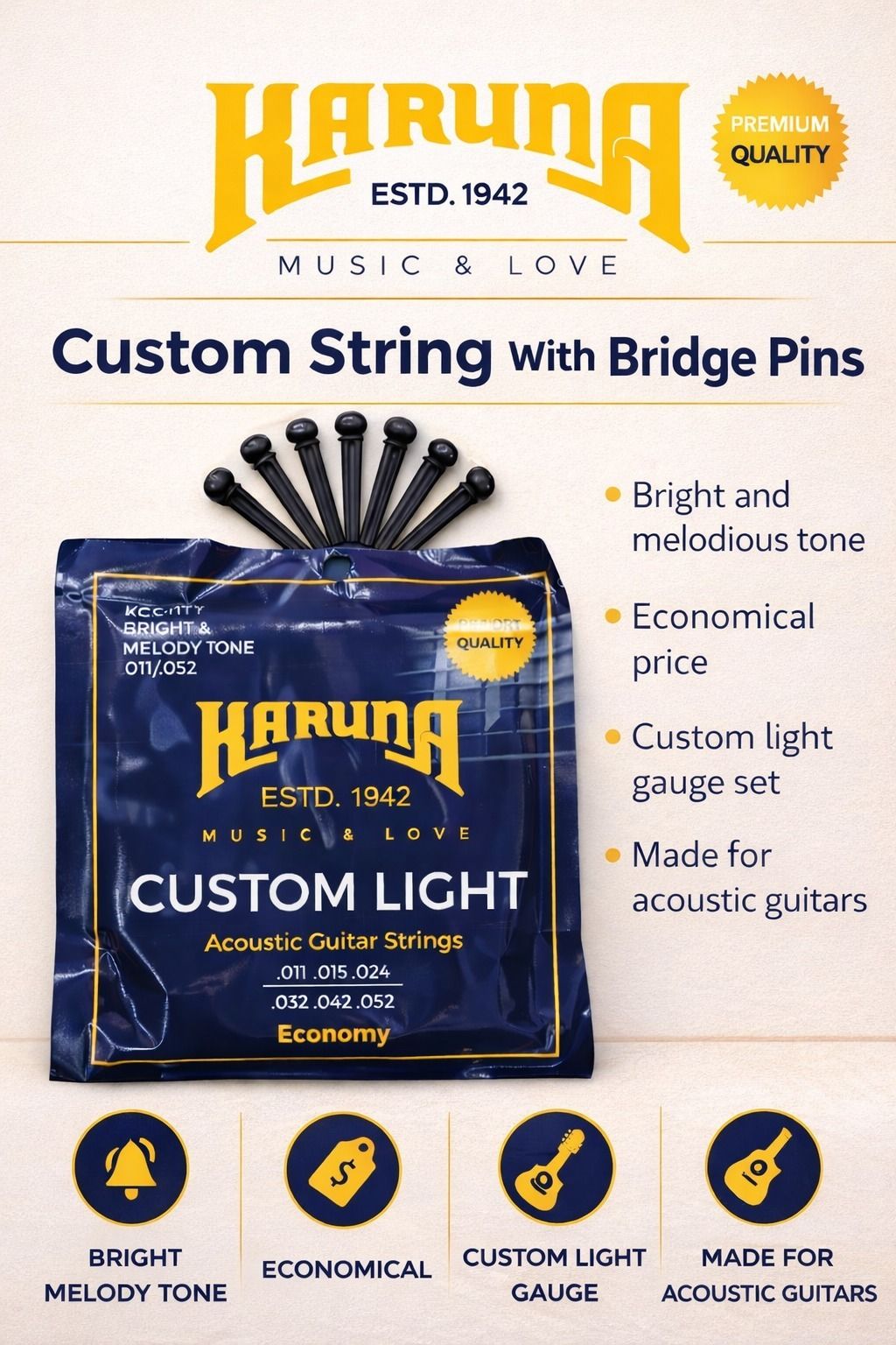 karuna Acoustic ECONOMY STRING SET OF 6 AND 6 BRIDGE PINS AD15 Guitar String-picture-15