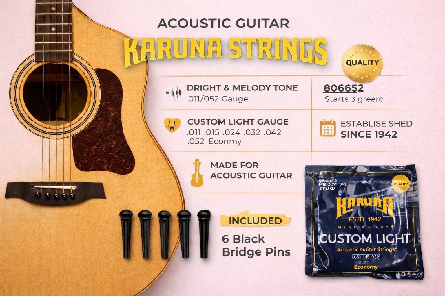 karuna Acoustic ECONOMY STRING SET OF 6 AND 6 BRIDGE PINS AD7 Guitar String-picture-39