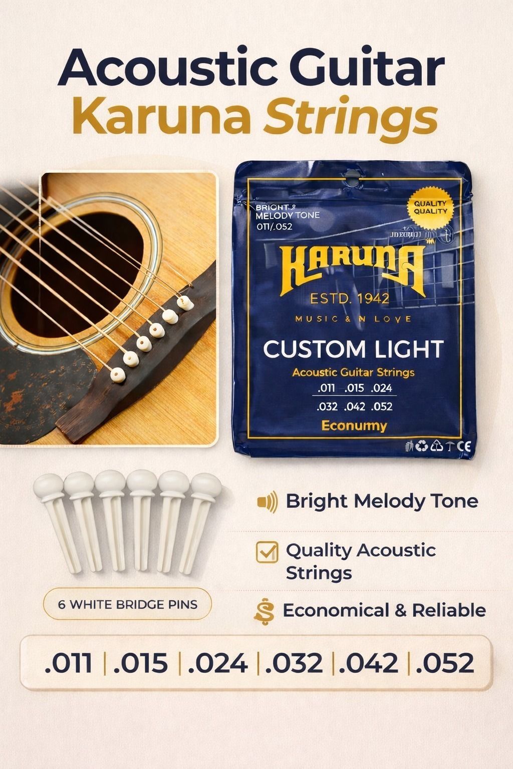 karuna Acoustic ECONOMY STRING SET OF 6 AND 6 BRIDGE PINS AD28 Guitar String-picture-11
