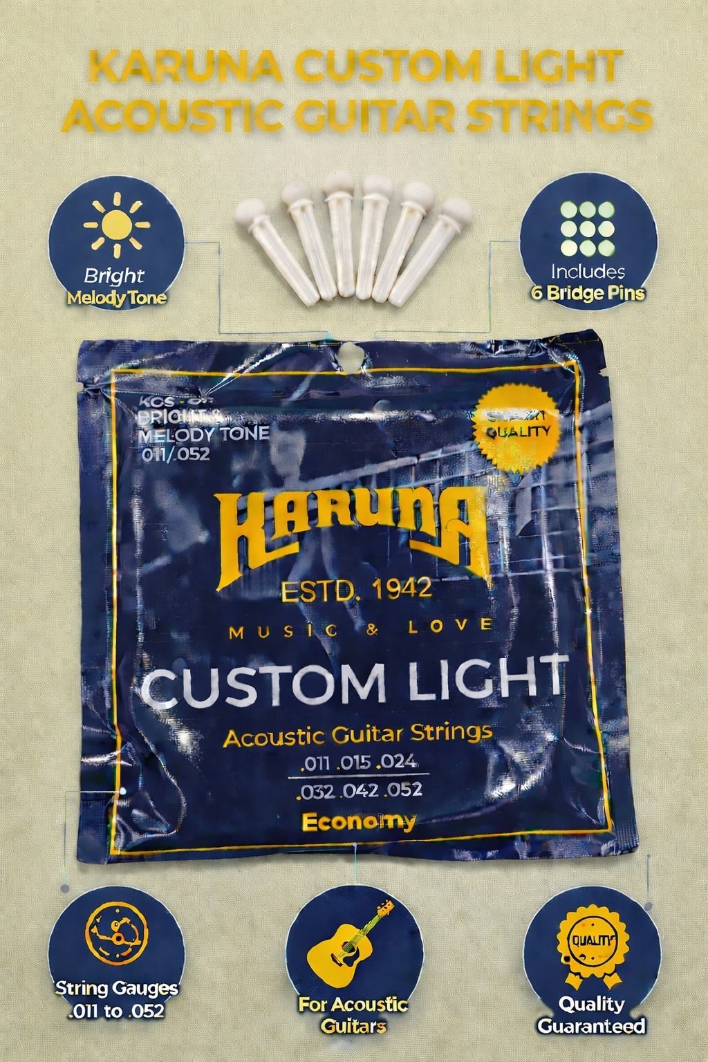 karuna Acoustic ECONOMY STRING SET OF 6 AND 6 BRIDGE PINS AD14 Guitar String-picture-40