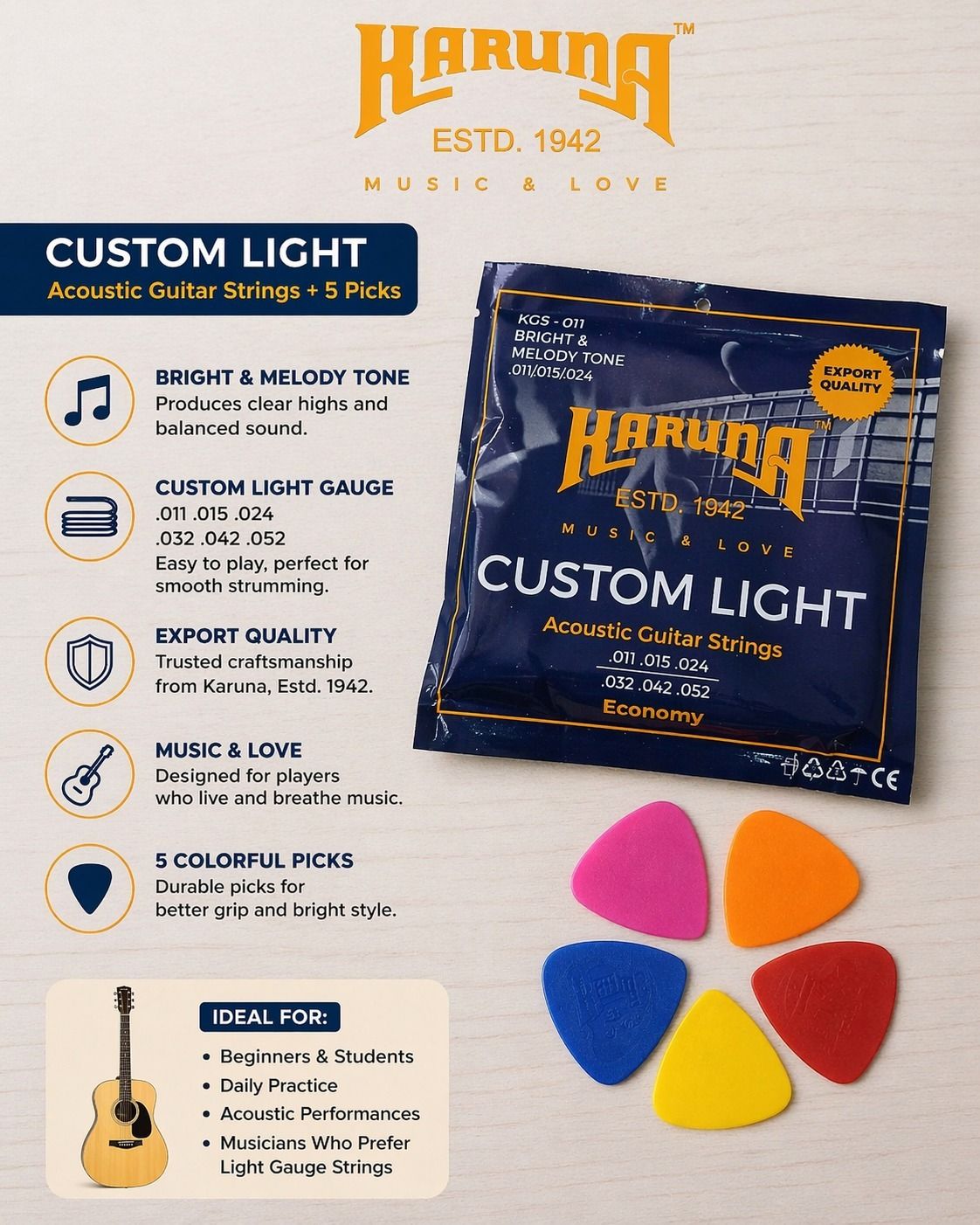 karuna Acoustic ECONOMY WITH 5 PICKS AZ45 Guitar String-picture-29