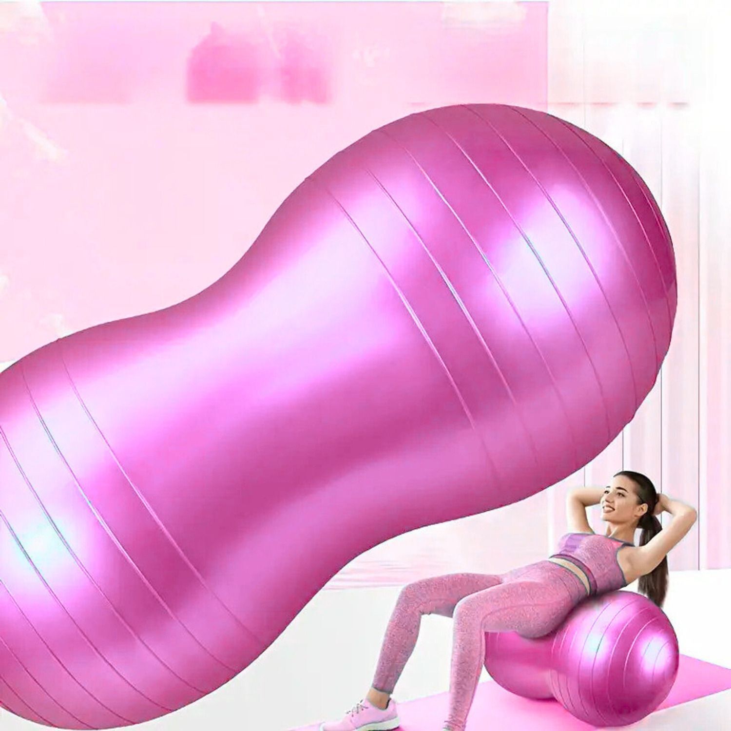 Peanut-Shaped Anti-Burst Gym Ball 80X40 CMS (Pink) with foot Pump Gym Ball-image-44