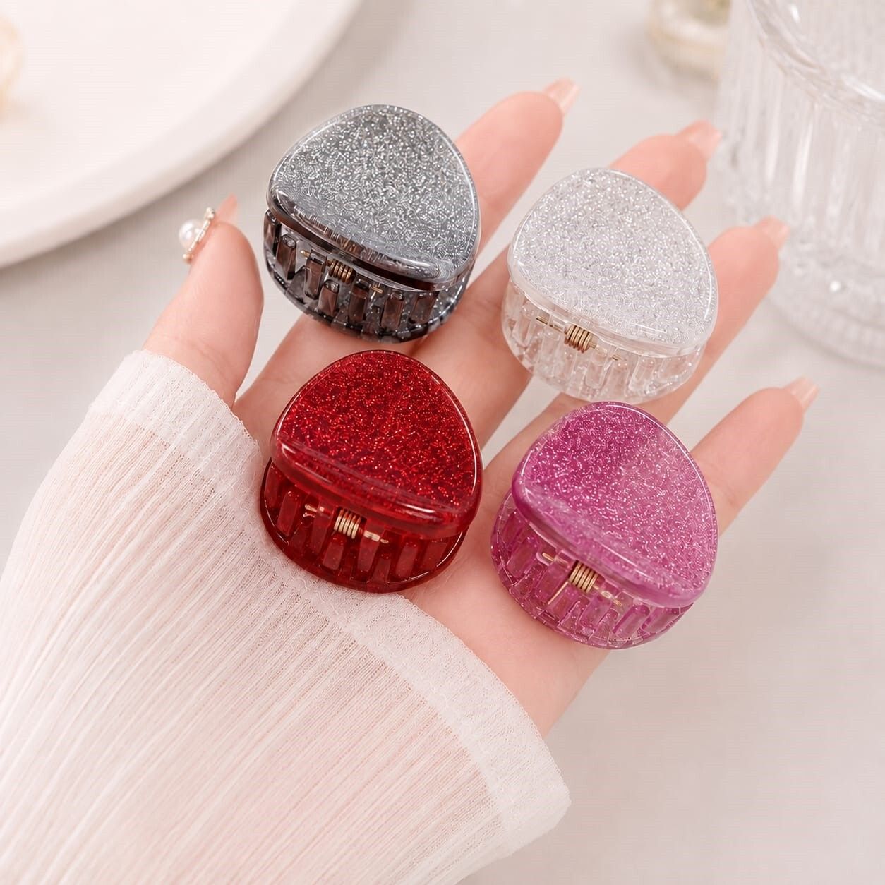 Set of 2 Durable & Lightweight Small Glitter Hair Claws – (Round & Triangle) Hair Claw-image-48