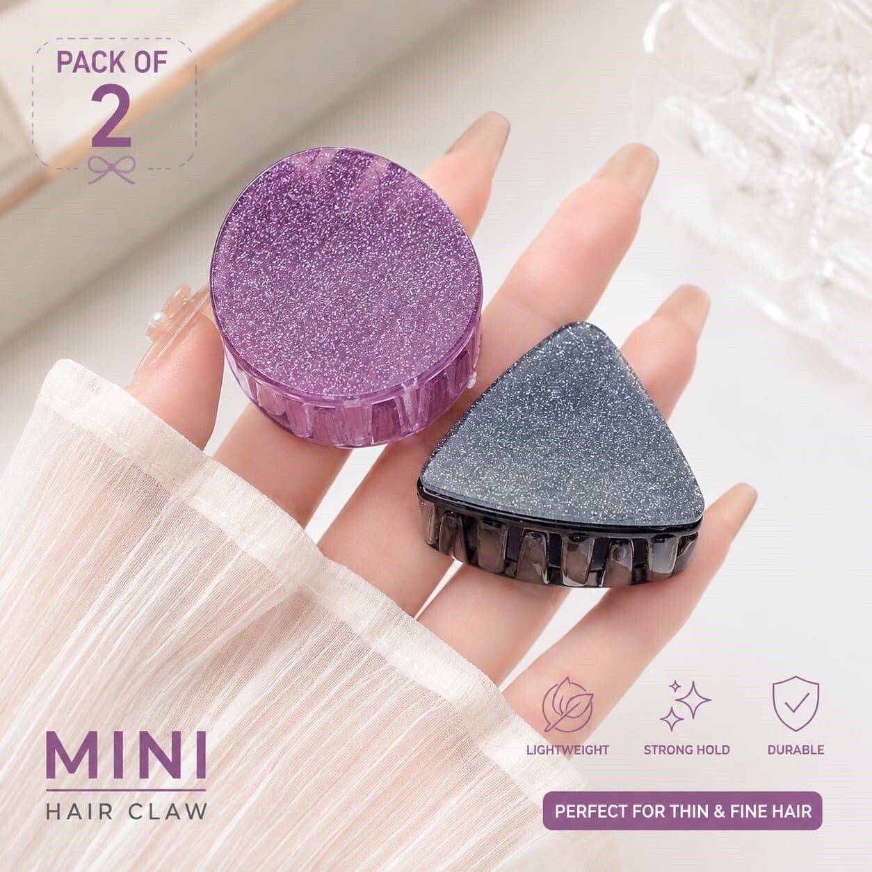 apsambr Durable & Lightweight Small Glitter Hair Claws – Set of 2 (Round & Triangle) Hair Claw-picture-9